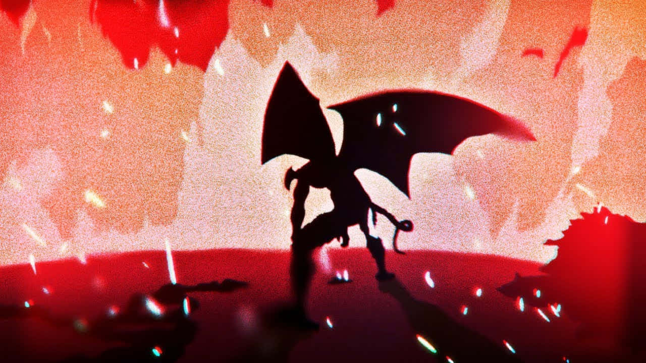 Devilman Crybaby Amon, dark-winged dragon silhouette, fiery red and orange sky, HD Desktop Wallpaper