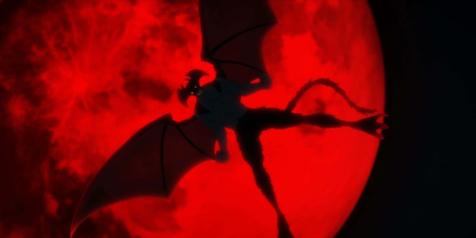 Devilman Crybaby Amon, dark-winged dragon silhouette, massive glowing red moon, HD Desktop Wallpaper