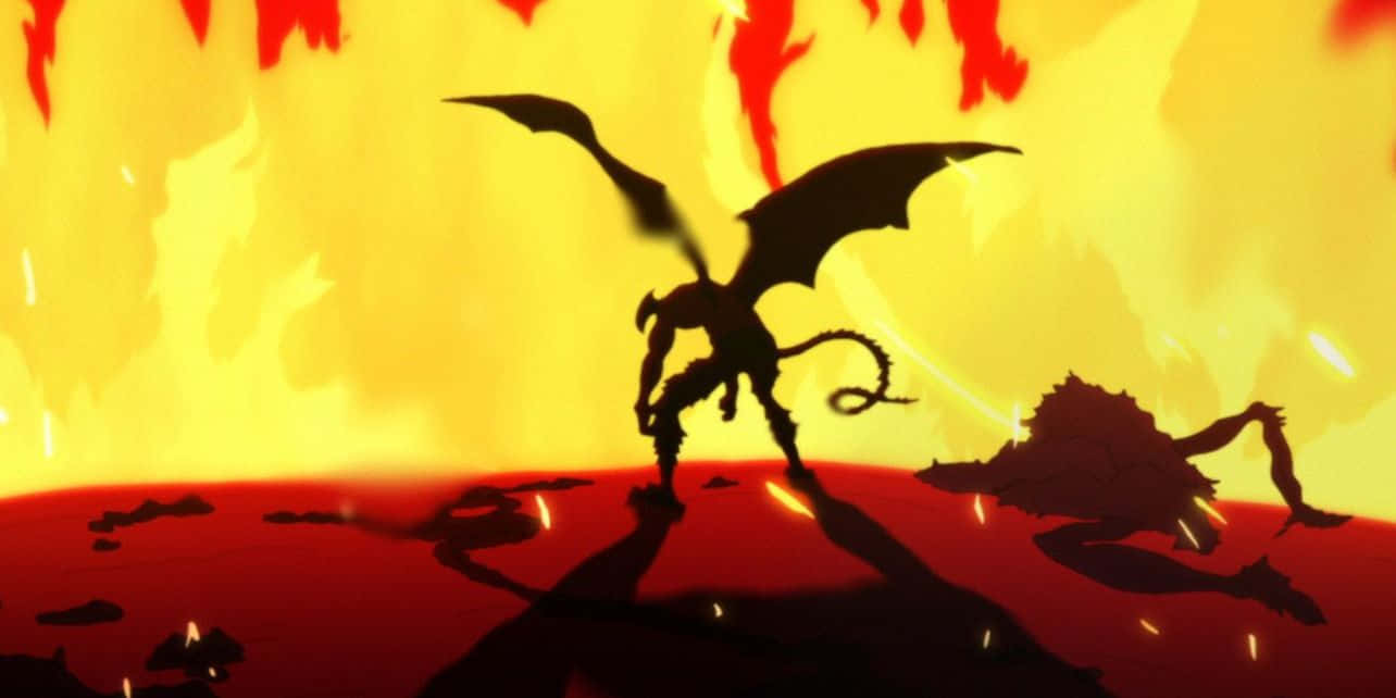 Devilman Crybaby Amon, dark dragon silhouette, fiery orange and red sky, HD Desktop Wallpaper