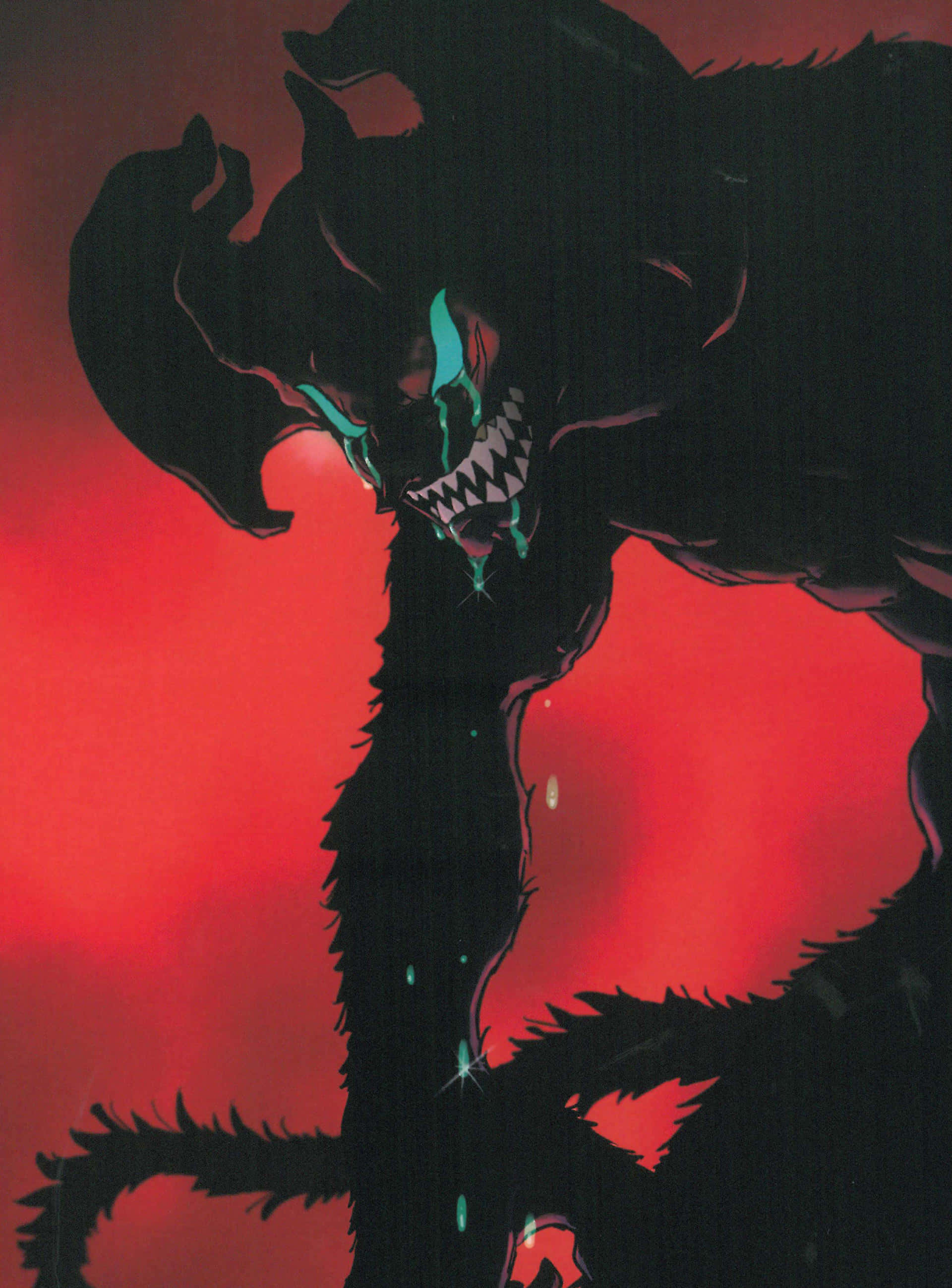 Devilman Crybaby Amon, glowing teal eyes, fiery red background, 2K Phone Wallpaper