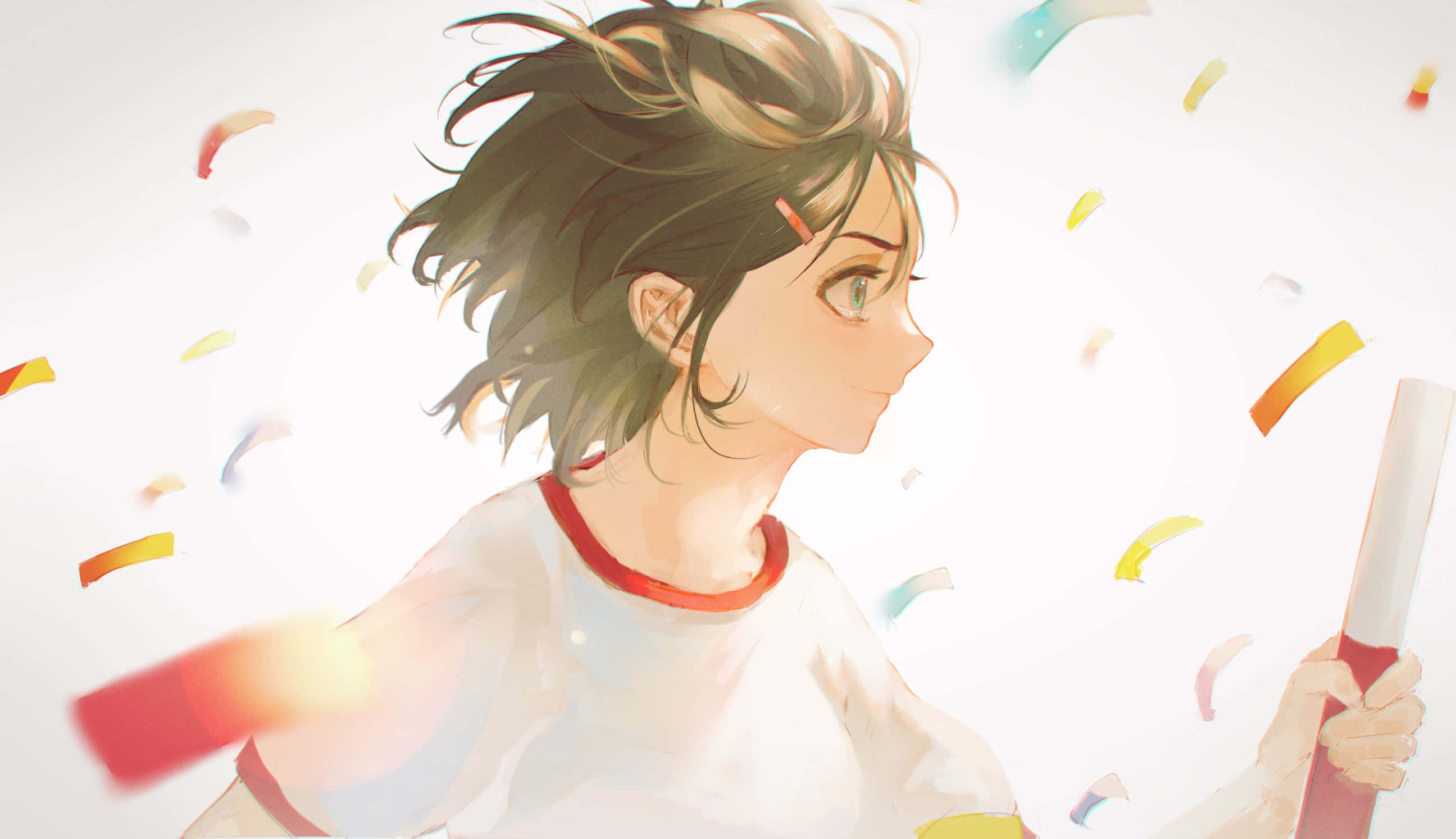 Miki Makimura, white shirt with red trim, colorful confetti, 2K Desktop Wallpaper