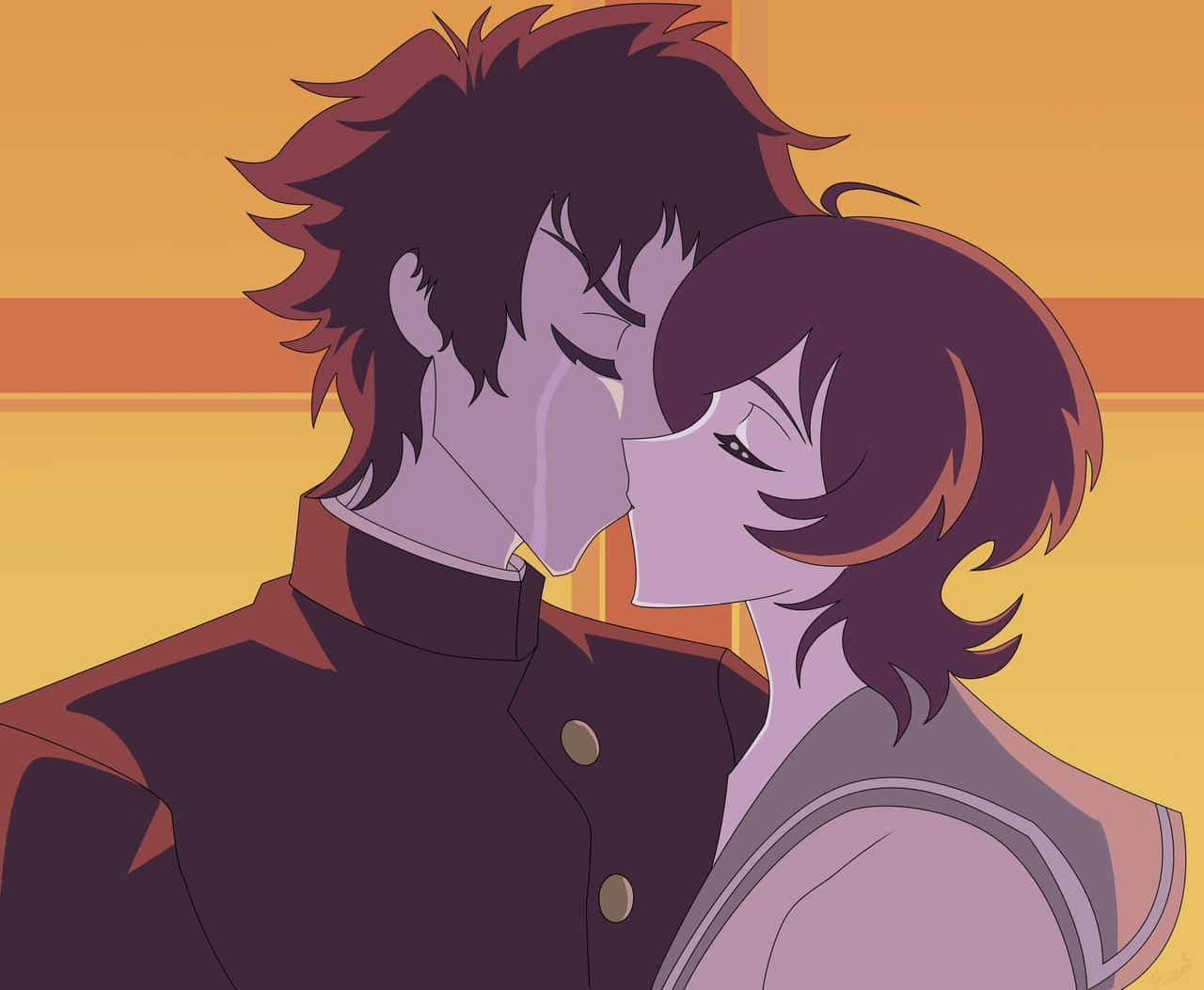 Devilman Crybaby, intimate moment, warm gradient sunset background, HD Desktop Wallpaper