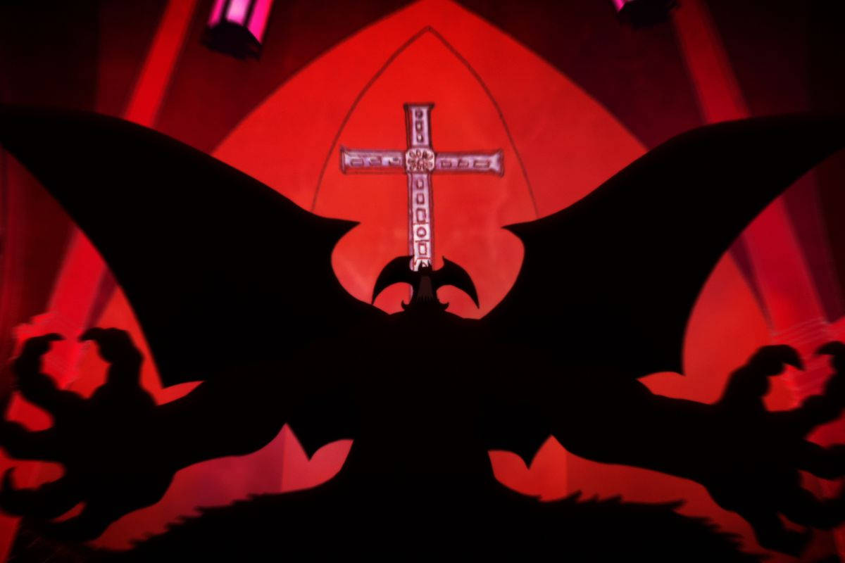 Devilman Crybaby, bat silhouette, glowing cross, SD Desktop Wallpaper