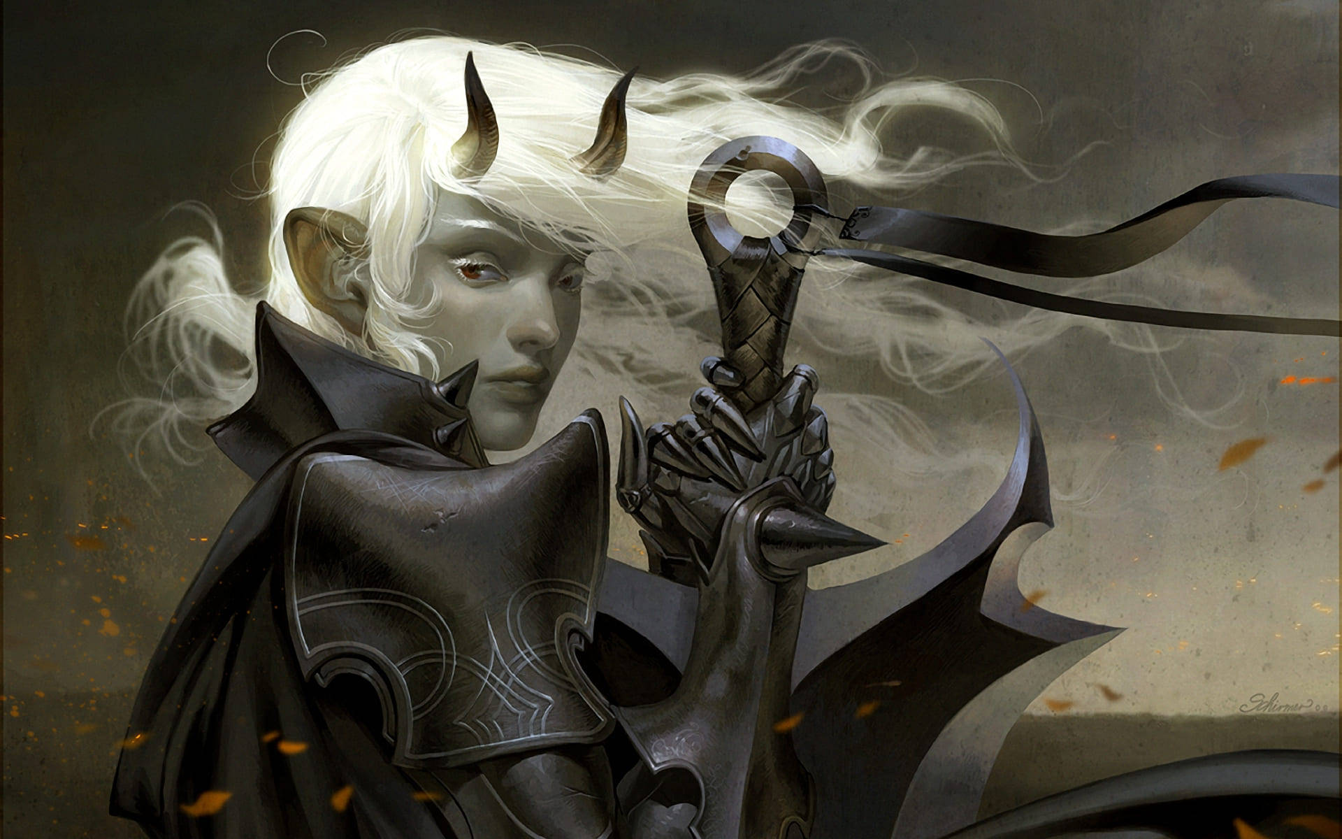 Devil horns, white hair, dark ornate sword, Full HD Desktop Wallpaper