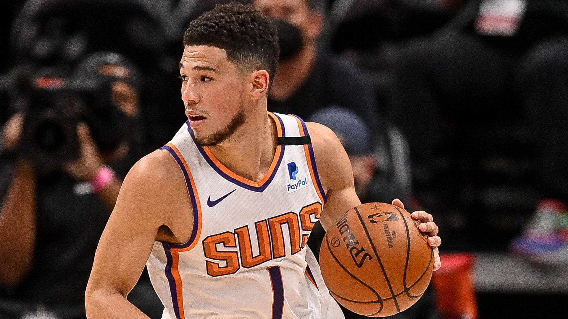 Devin Booker, white Suns jersey, basketball player, Full HD Desktop Wallpaper