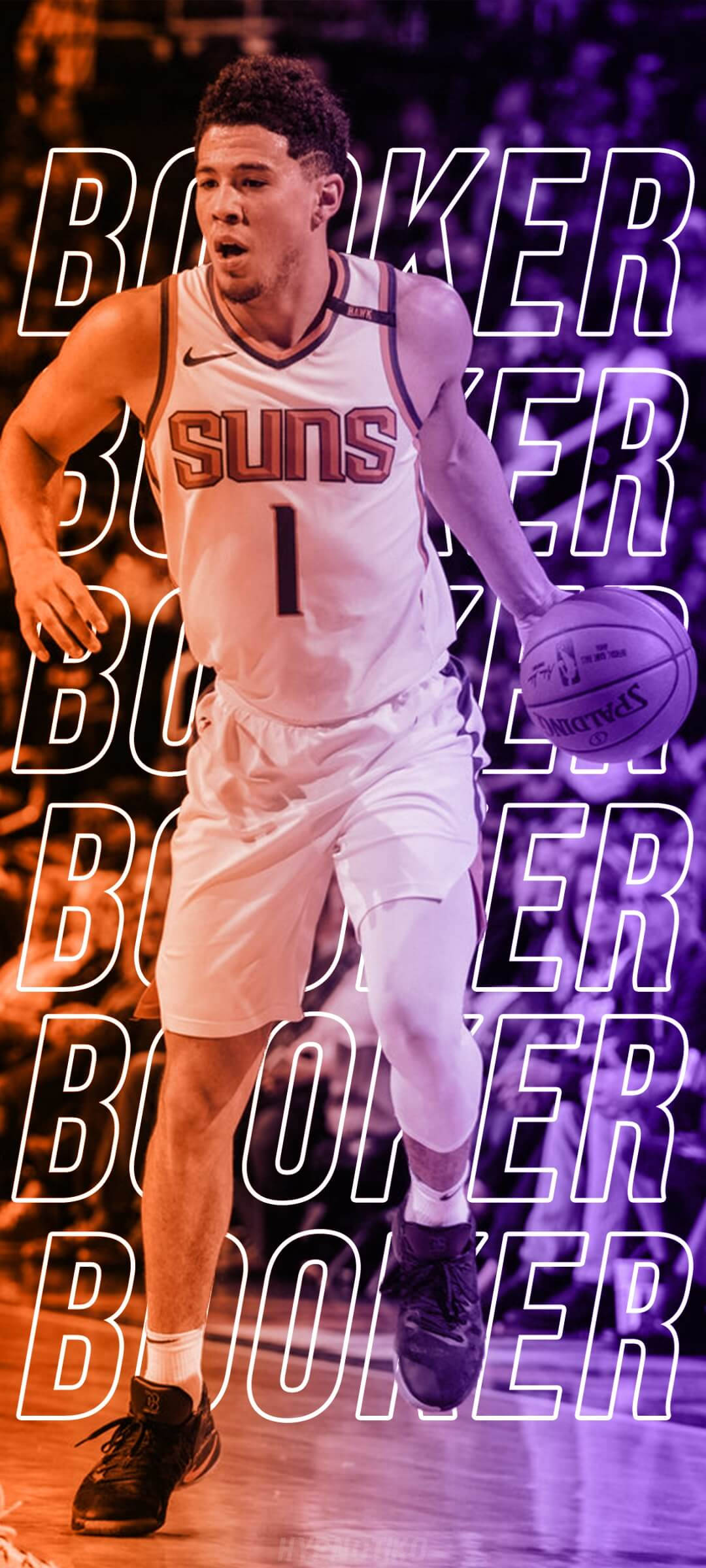 Devin Booker, white Suns jersey, vibrant purple and orange background, Full HD Phone Wallpaper