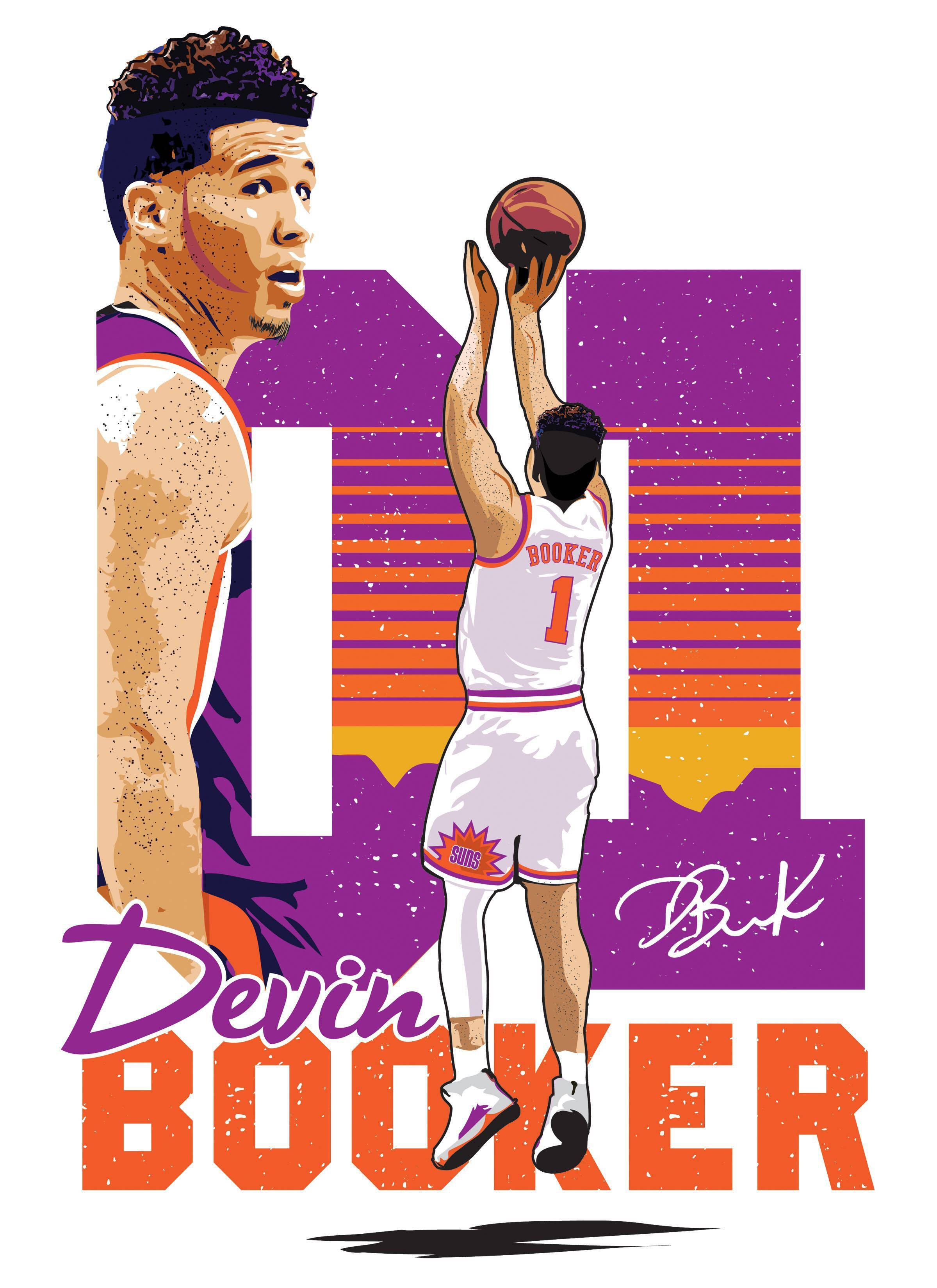 Devin Booker, jump shot, stylized sunset backdrop, 2K Phone Wallpaper
