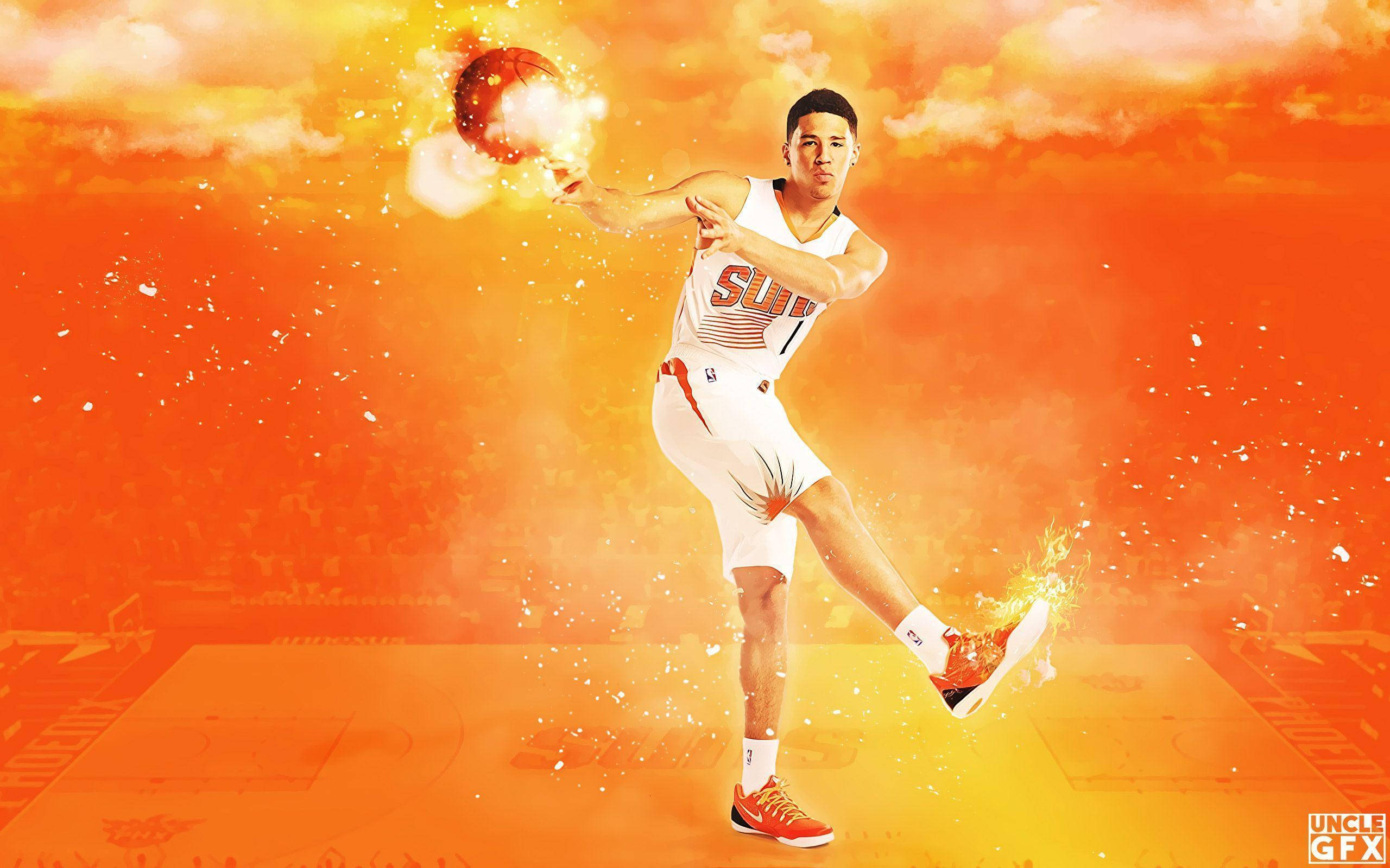 Devin Booker, flaming ball, fiery orange sunset sky, 2K Desktop Wallpaper
