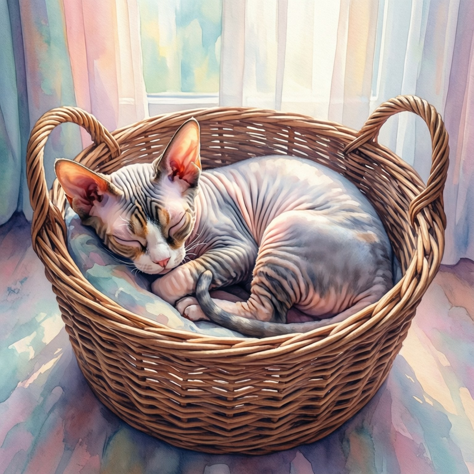 Devon Rex, watercolor-style, sleeping, HD Desktop Wallpaper