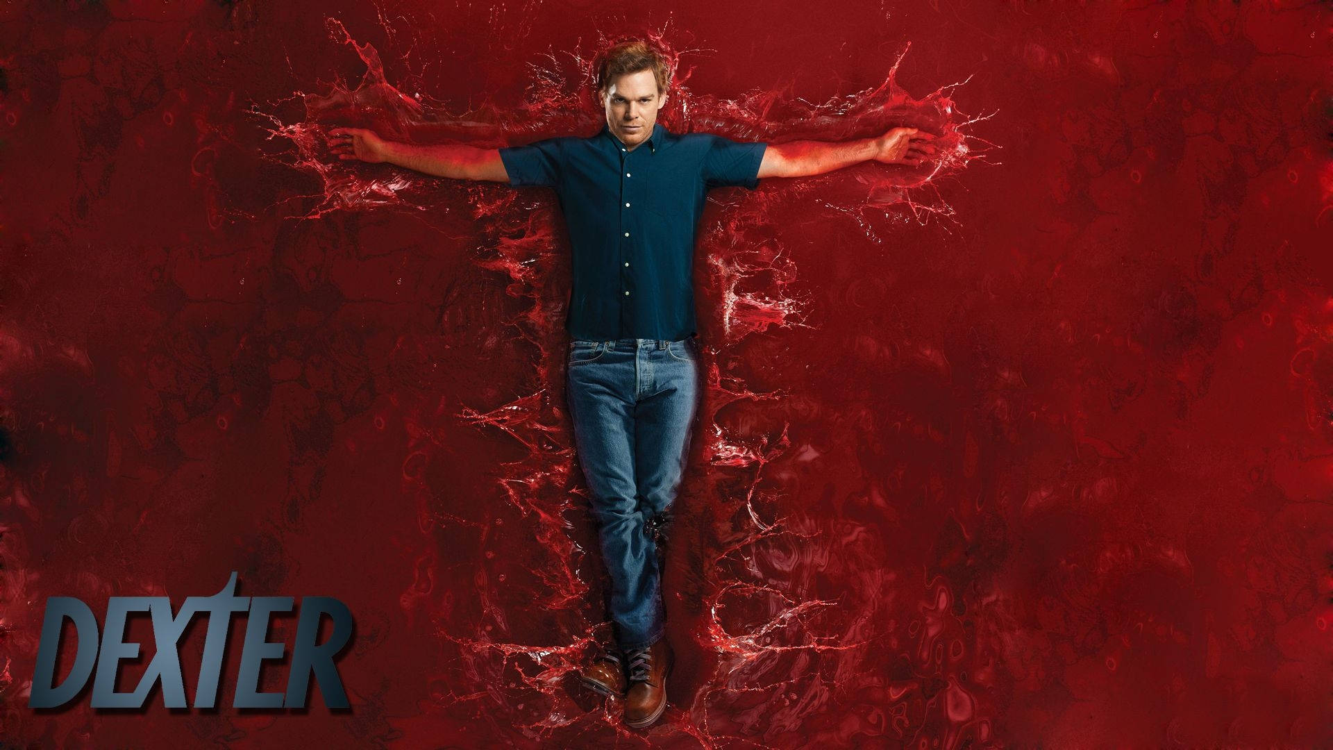 Dexter, blue shirt, red background, Full HD Desktop Wallpaper