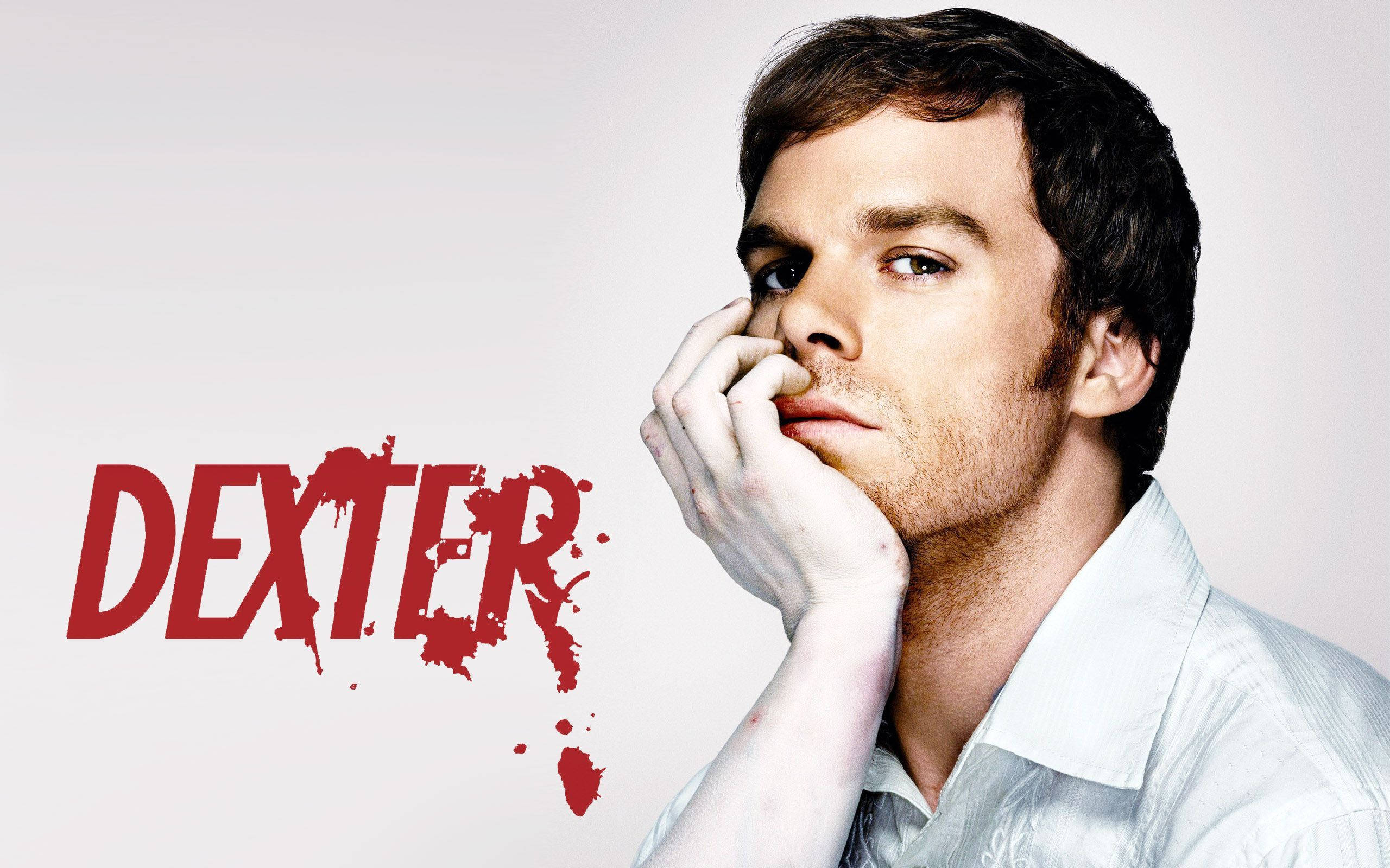 Dexter, white shirt, red splatter font, 2K Desktop Wallpaper