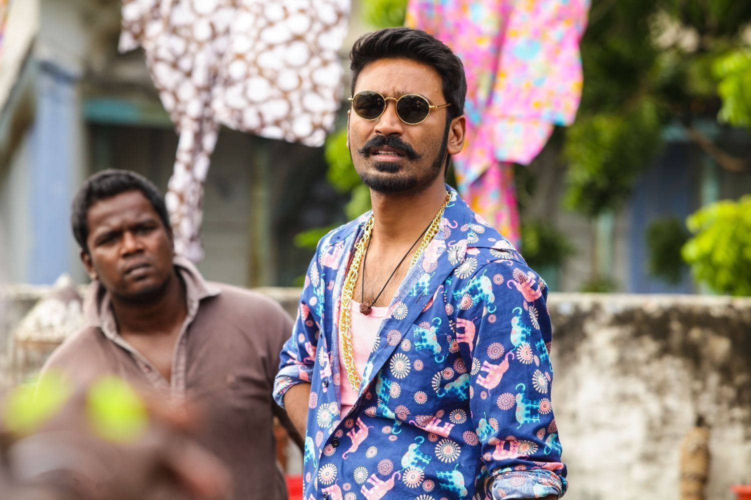 Dhanush, vibrant blue elephant-patterned blazer, sunglasses, HD Desktop Wallpaper