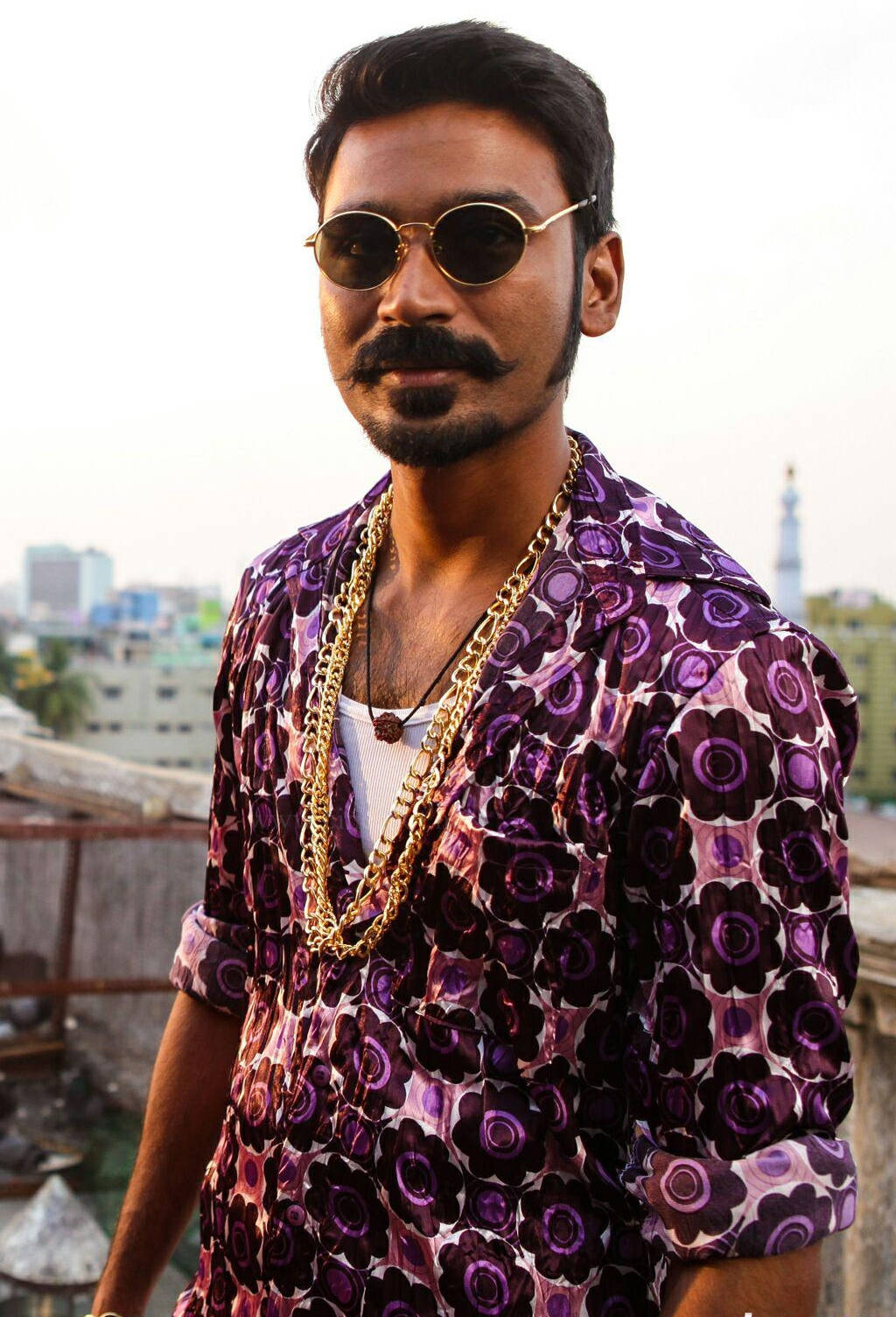 Dhanush, gold chain, purple floral shirt, HD Phone Wallpaper