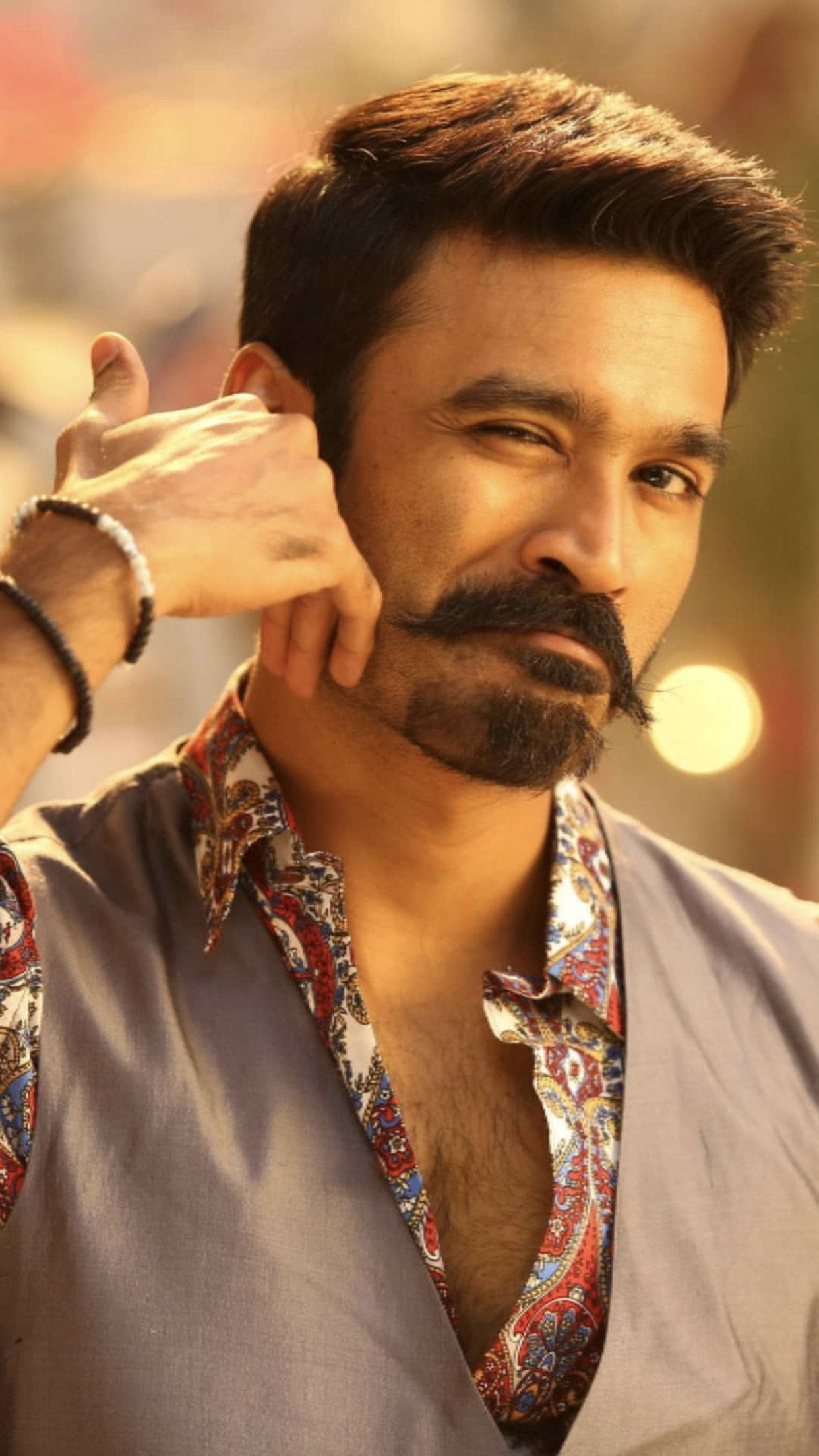 Dhanush, neat mustache, patterned shirt, Full HD Phone Wallpaper