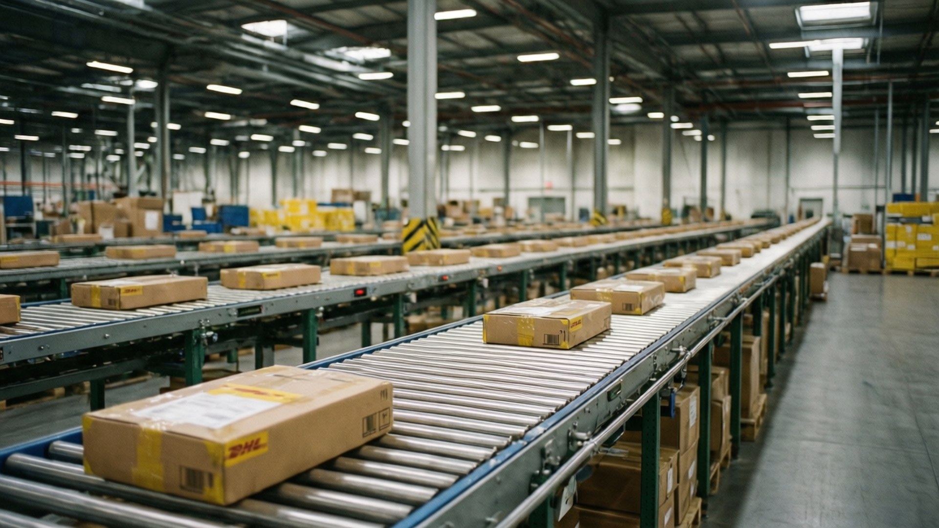 DHL, cardboard boxes, metal conveyor belts, Full HD Desktop Wallpaper