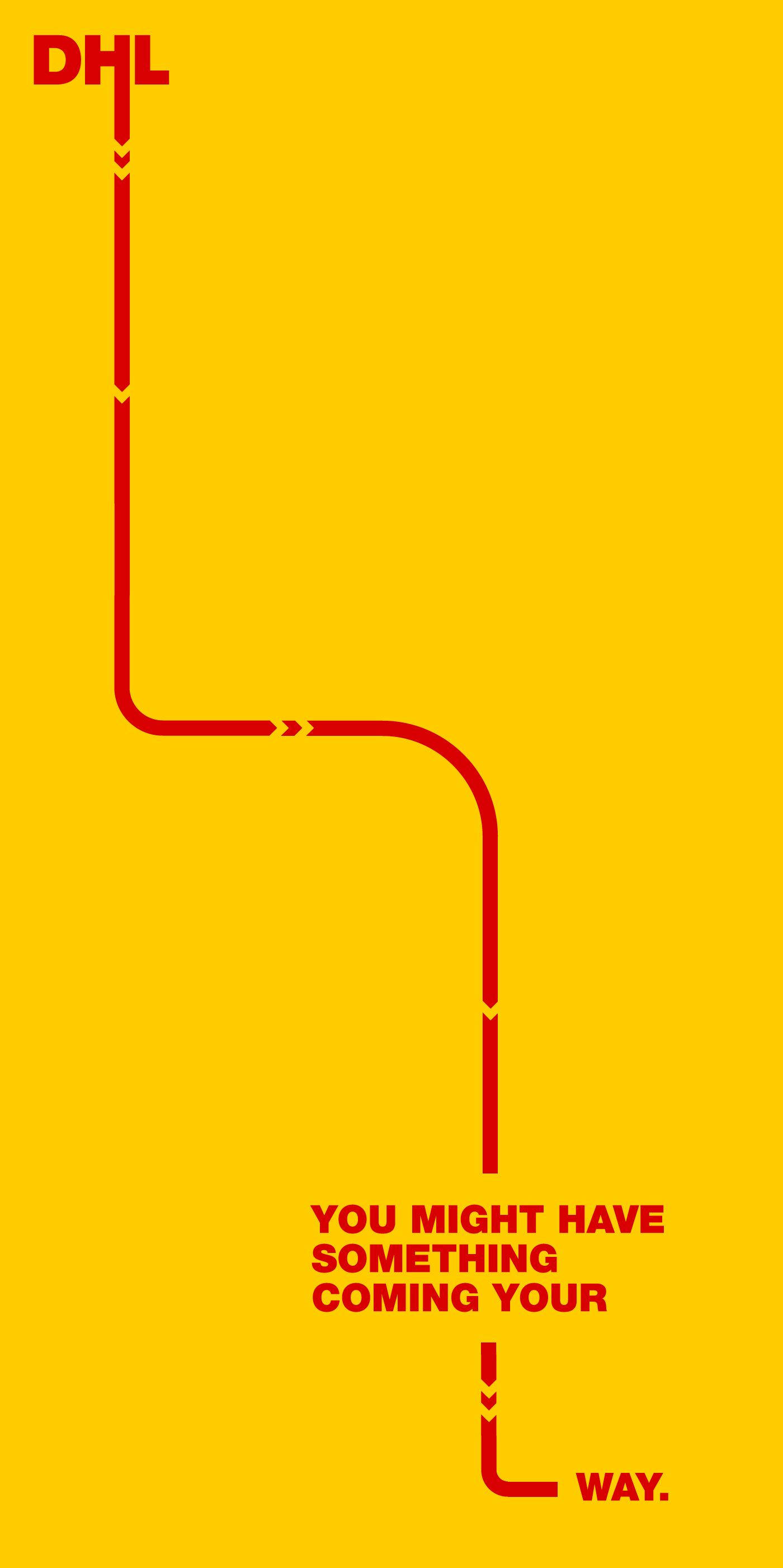 DHL, red DHL delivery path lines, vibrant yellow background, 2K Phone Wallpaper