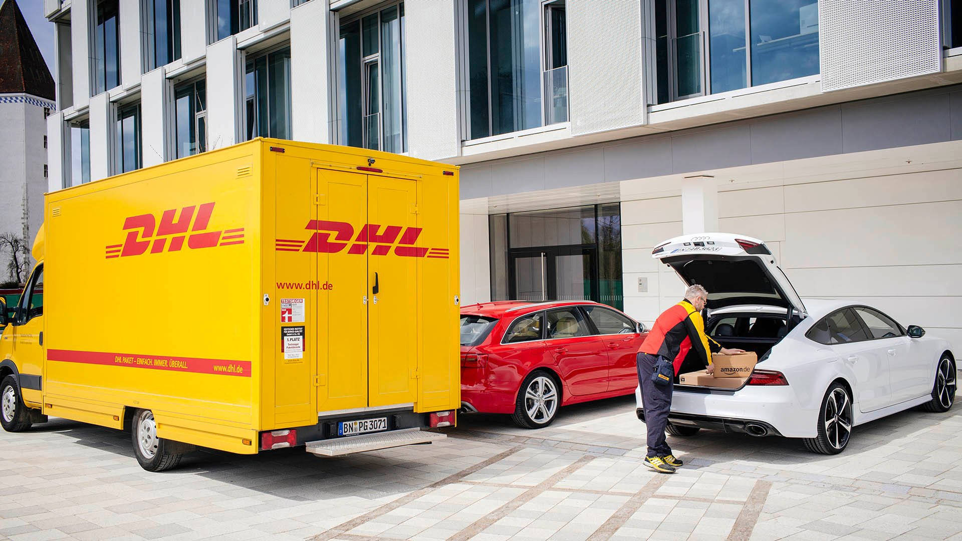DHL, delivery driver, white car, Full HD Desktop Wallpaper