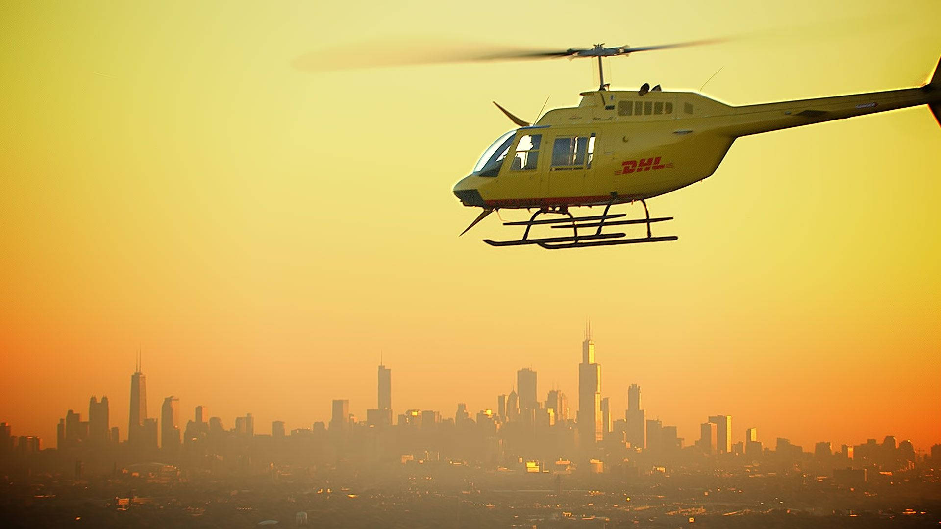 DHL, helicopter, golden sunset, Full HD Desktop Wallpaper
