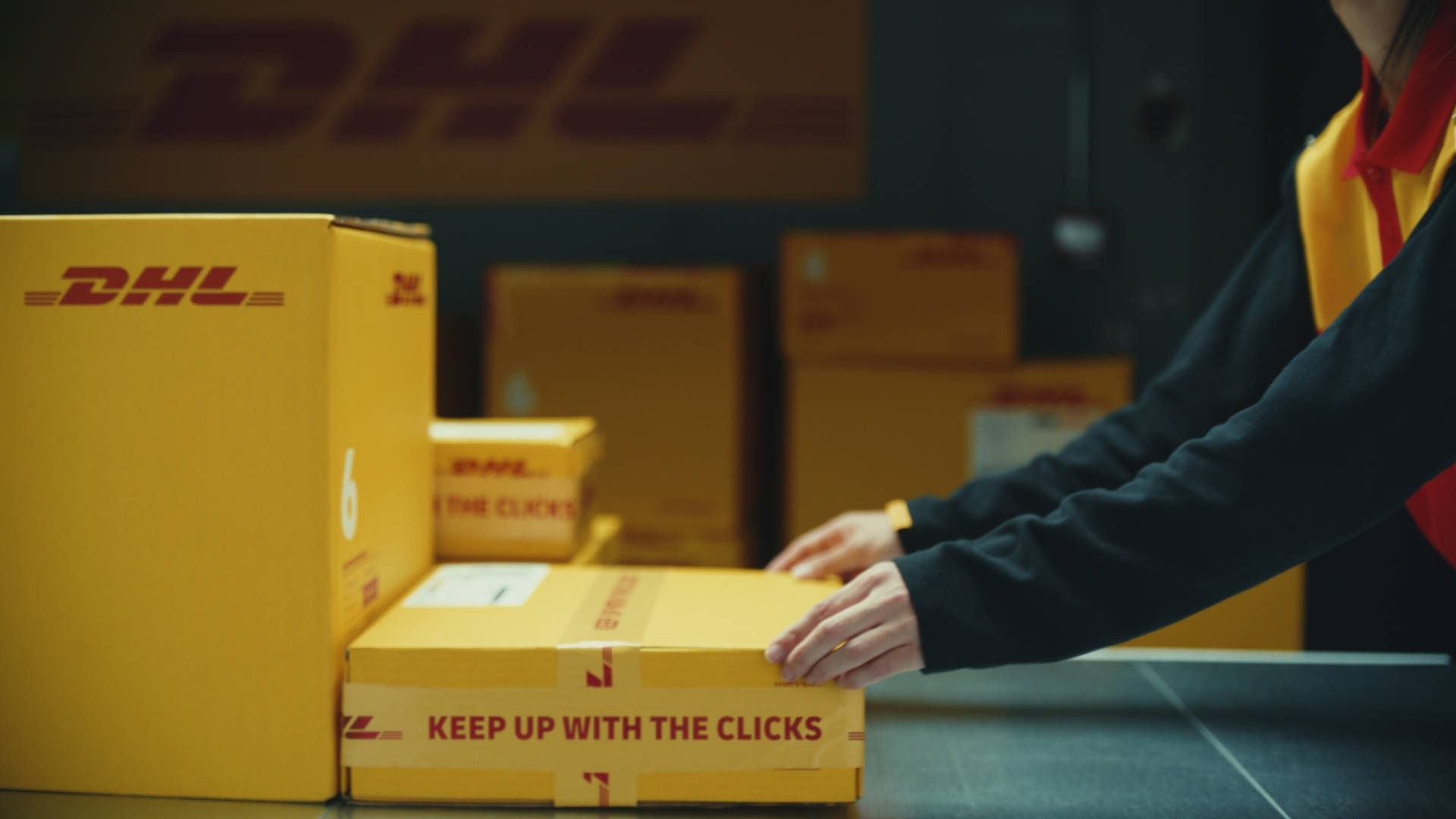 DHL, bright yellow delivery boxes, warehouse, Full HD Desktop Wallpaper