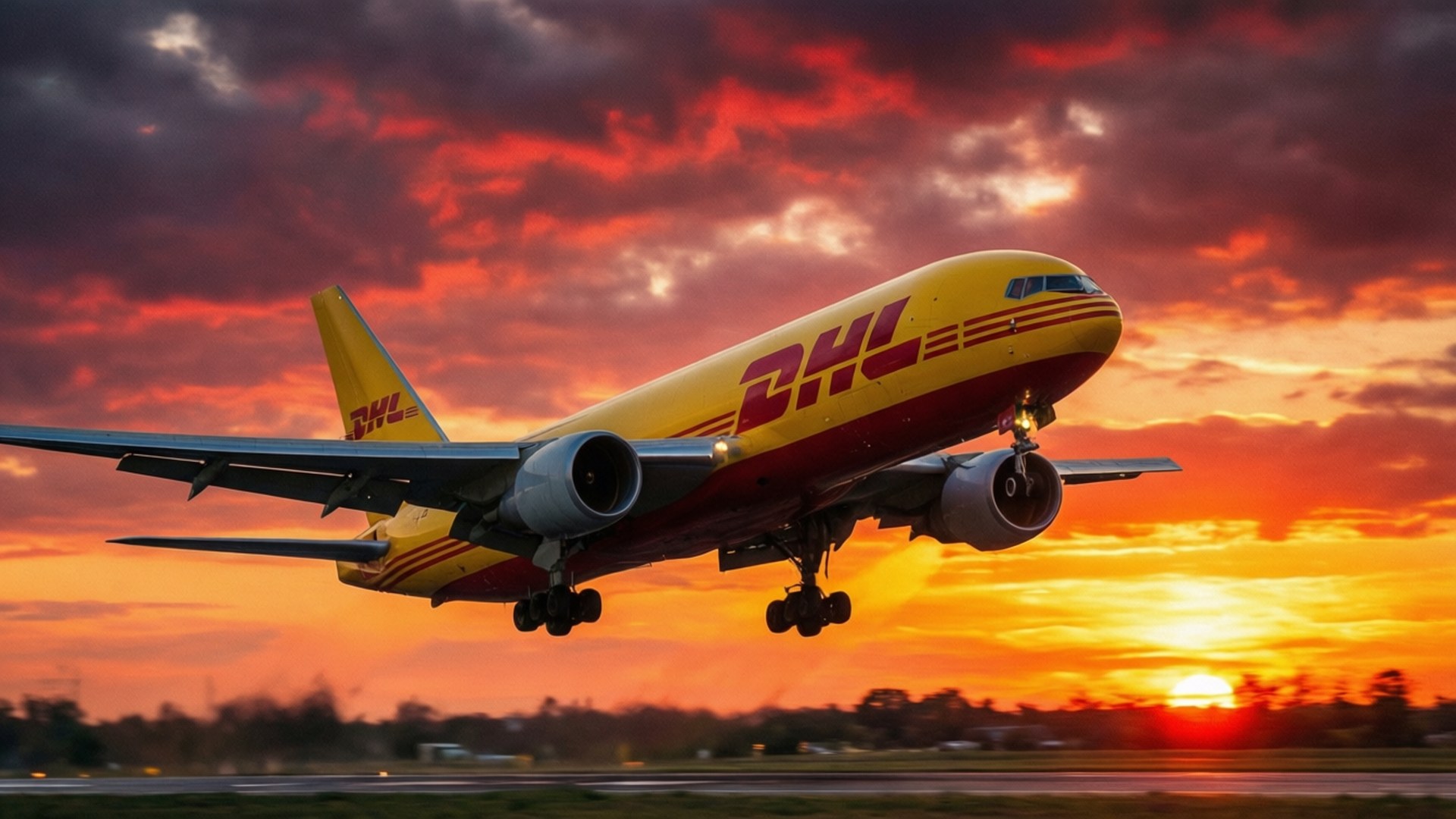 DHL, cargo plane, sunset, Full HD Desktop Wallpaper