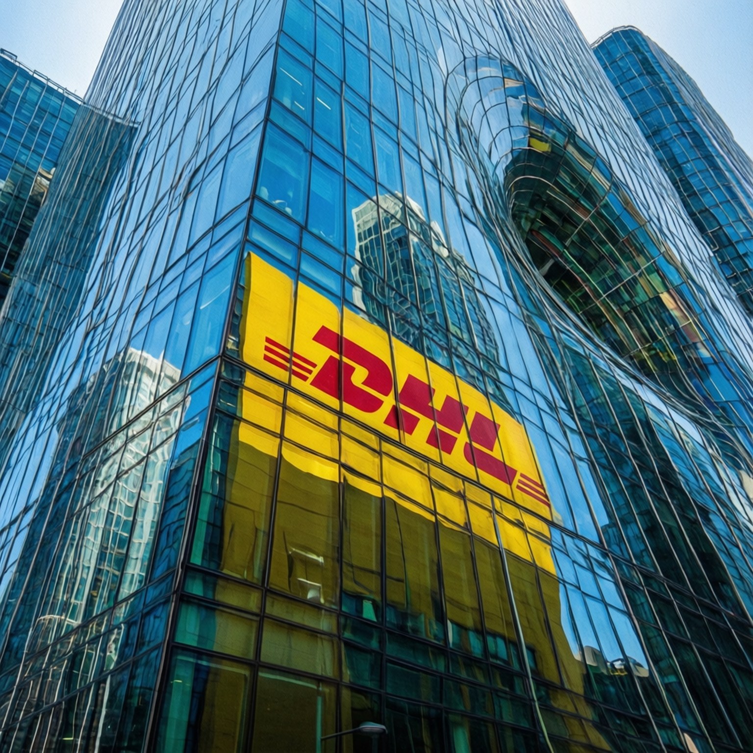 DHL, glass skyscraper, yellow DHL logo, HD Desktop Wallpaper
