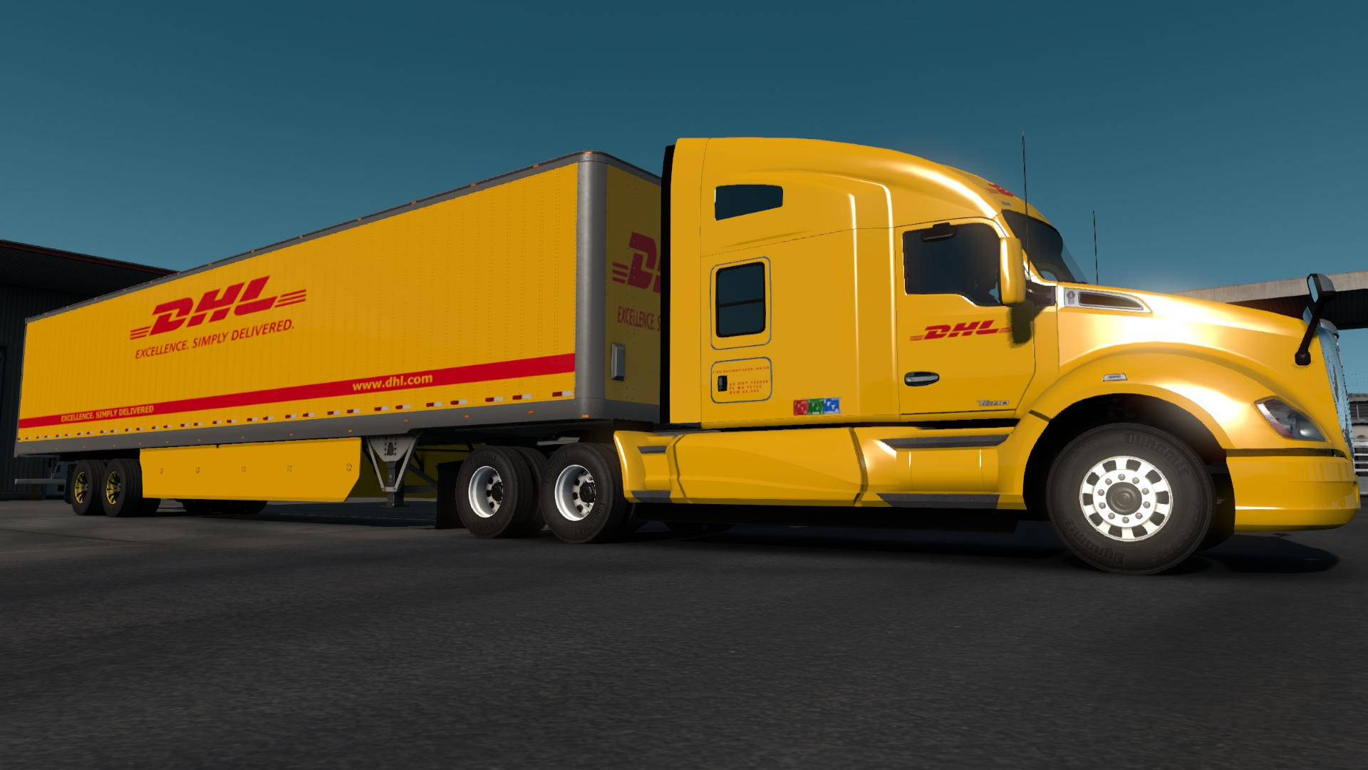 DHL, full truck, bright yellow, Full HD Desktop Wallpaper