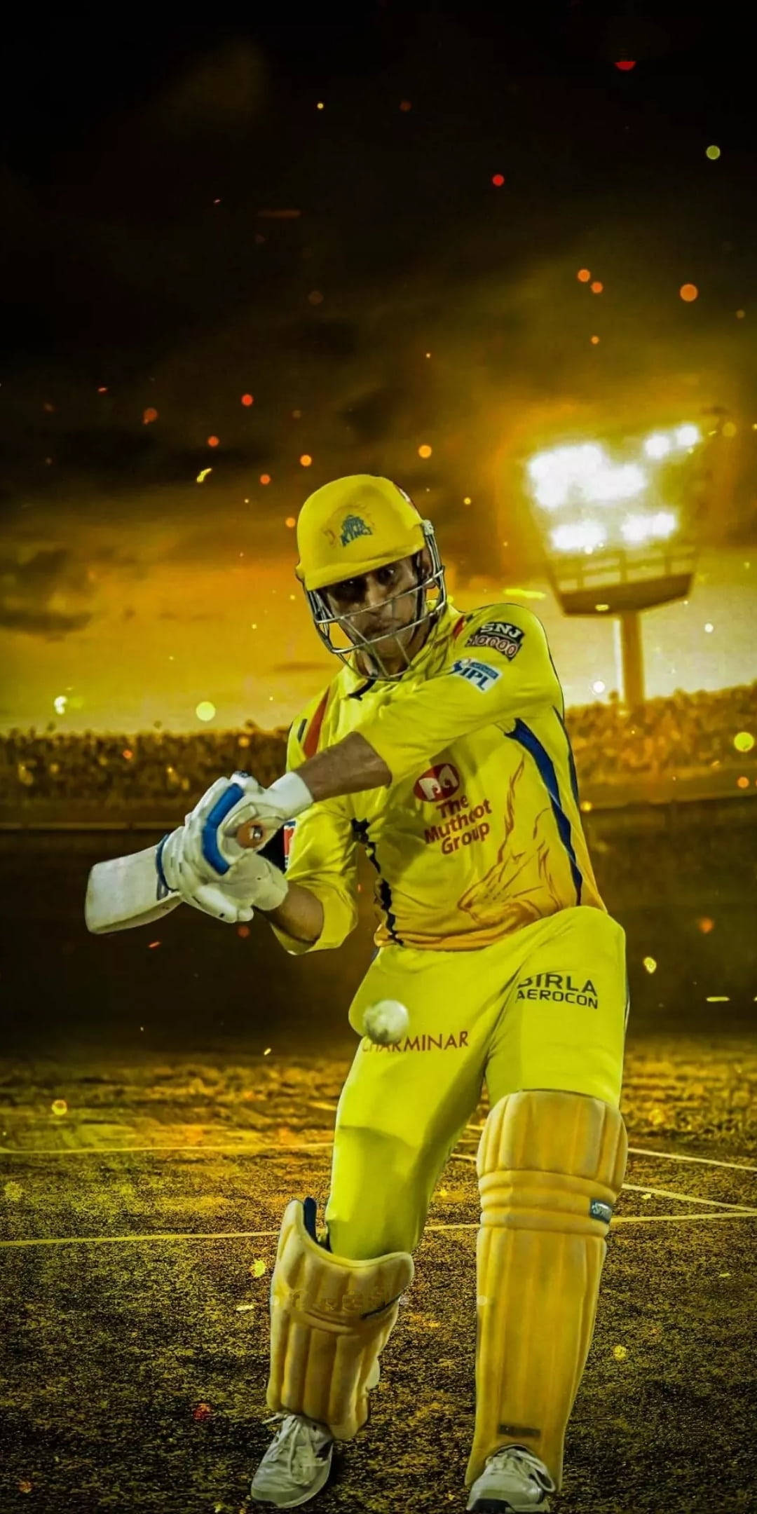 Dhoni, yellow uniform, stadium lights, Full HD Phone Wallpaper