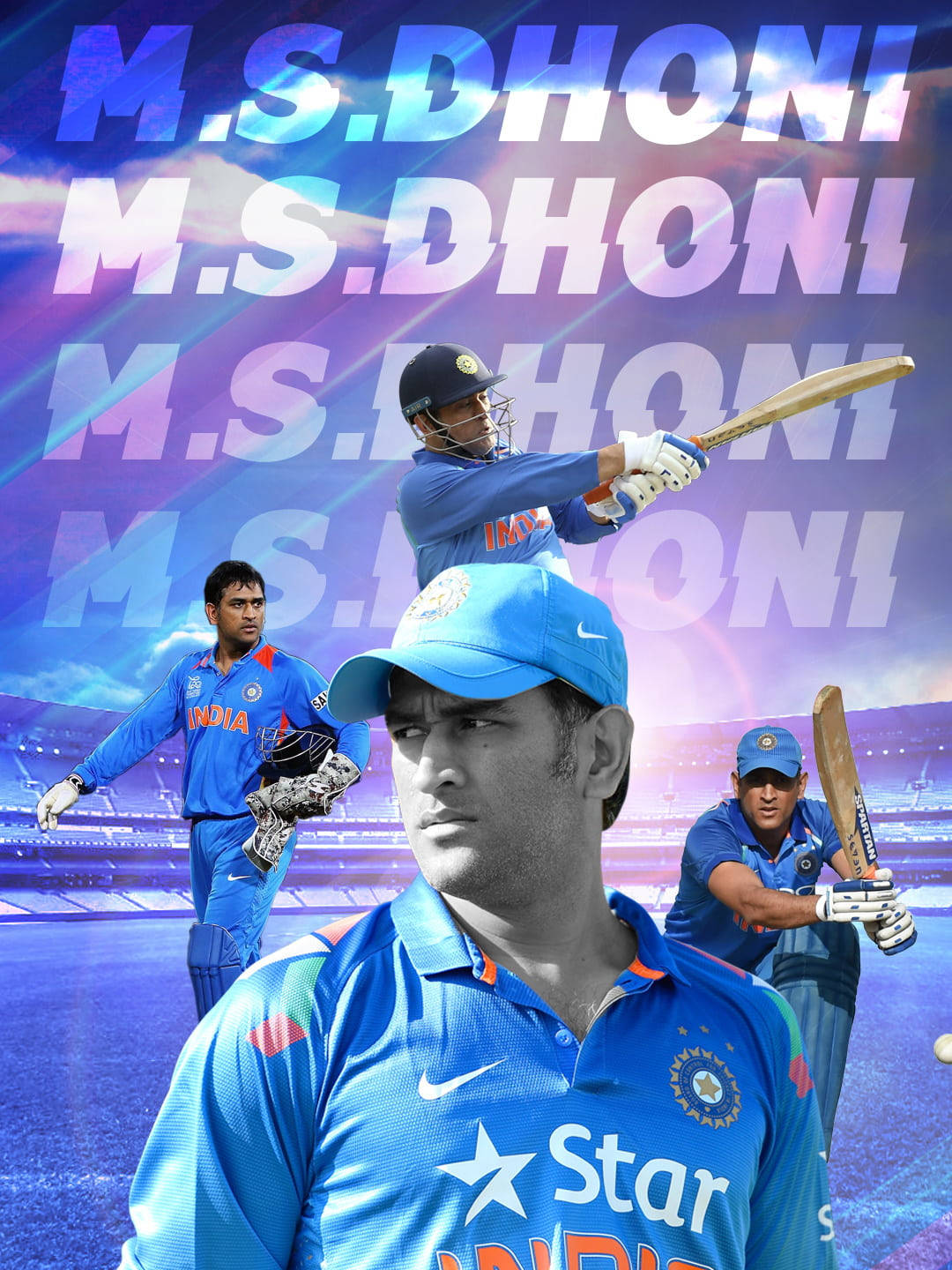 M.S. Dhoni, blue cricket gear, stadium backdrop, HD Phone Wallpaper