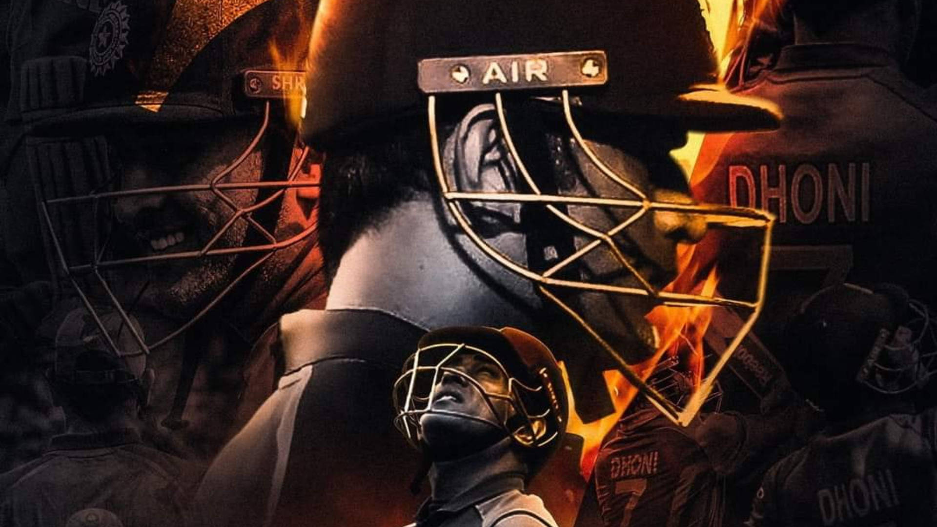 DHONI, glowing orange flames, digital-art collage, Full HD Desktop Wallpaper