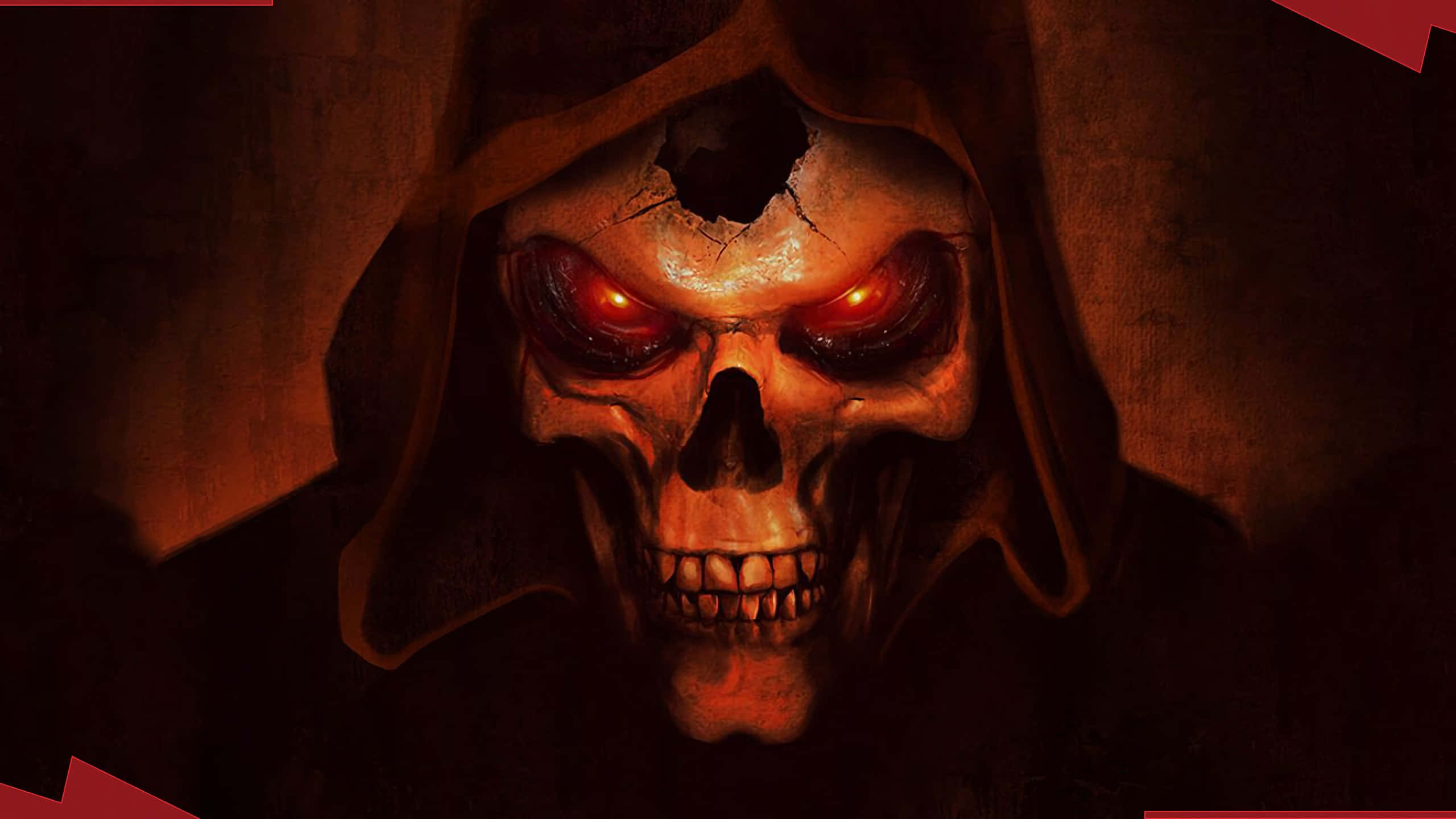 Diablo 2 Resurrected, skull, glowing red eyes, 2K Desktop Wallpaper