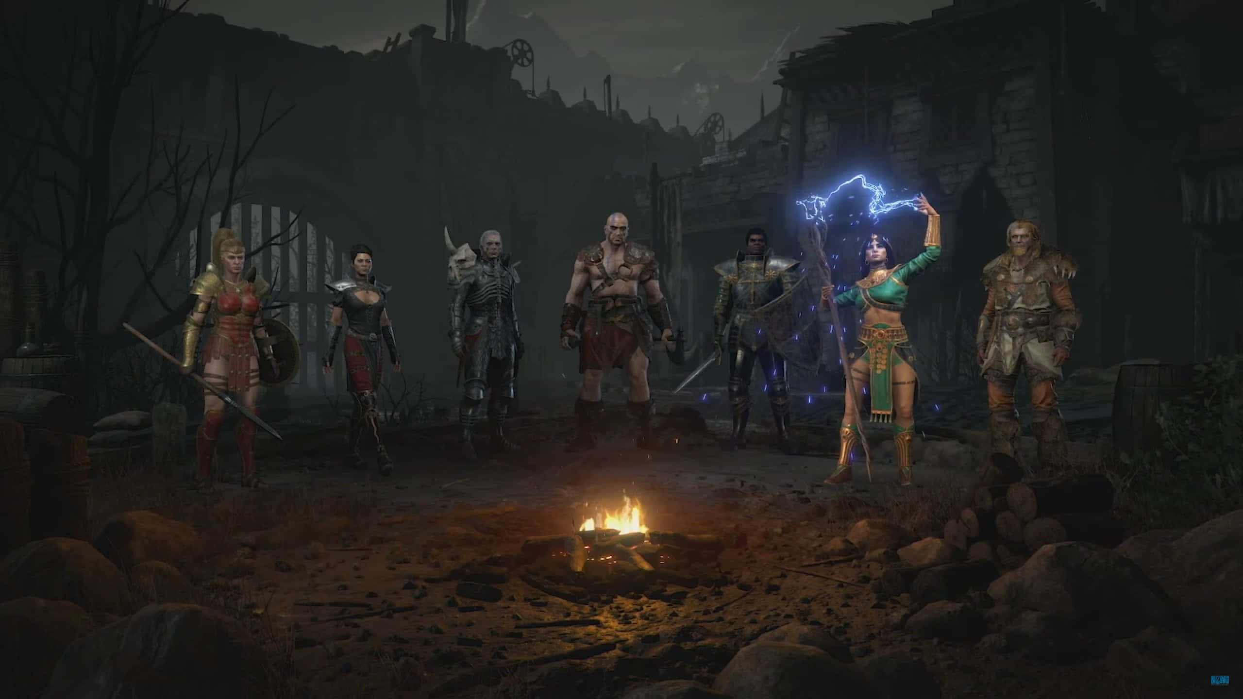 Diablo 2 Resurrected, campfire, ruined wasteland, 2K Desktop Wallpaper