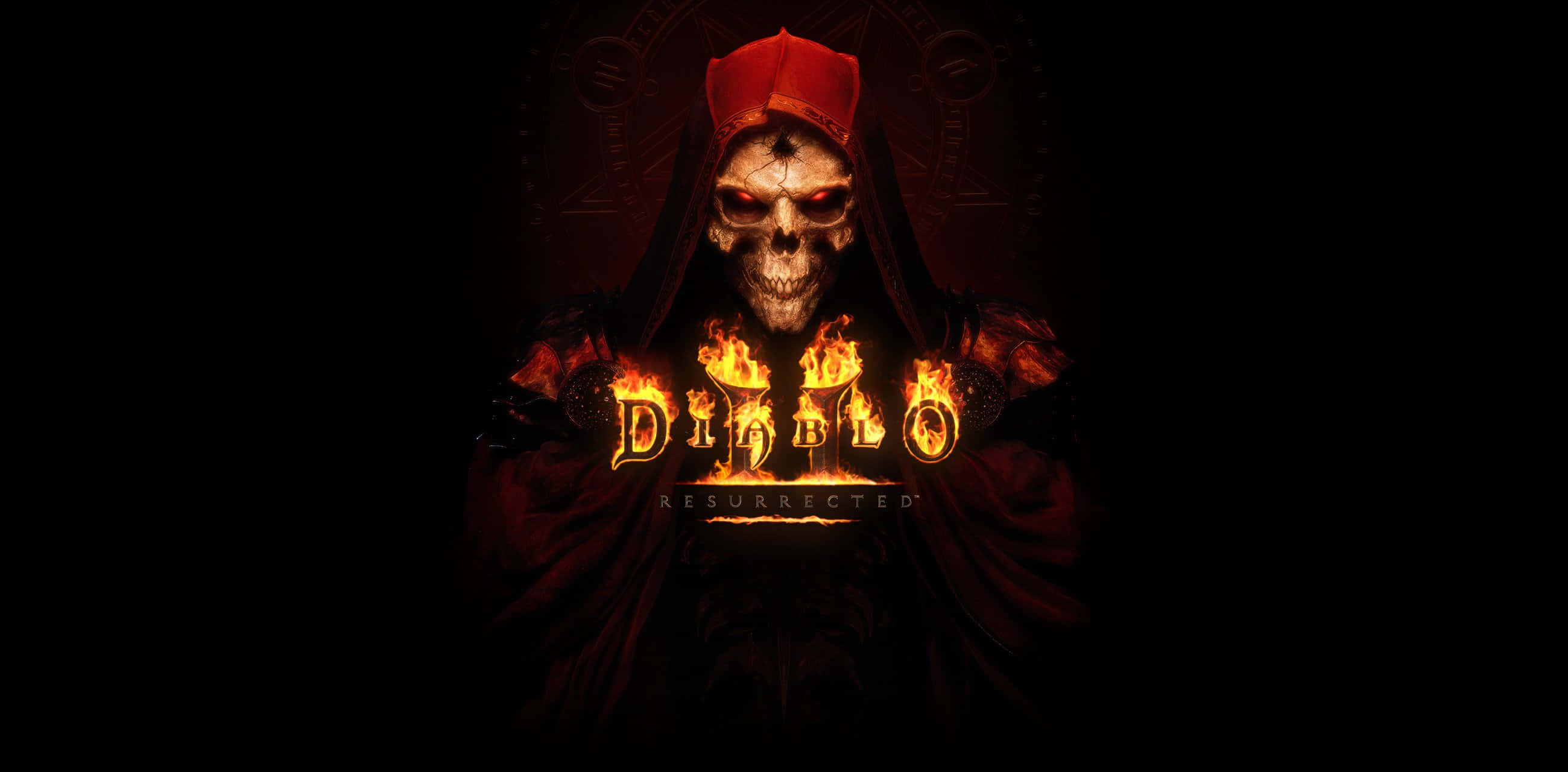 Diablo 2 Resurrected, skull in a red hood, fiery glowing Diablo Resurrected text, 2K Desktop Wallpaper