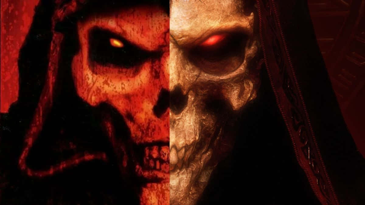 Diablo 2 Resurrected, demonic skull, glowing eyes, SD Desktop Wallpaper