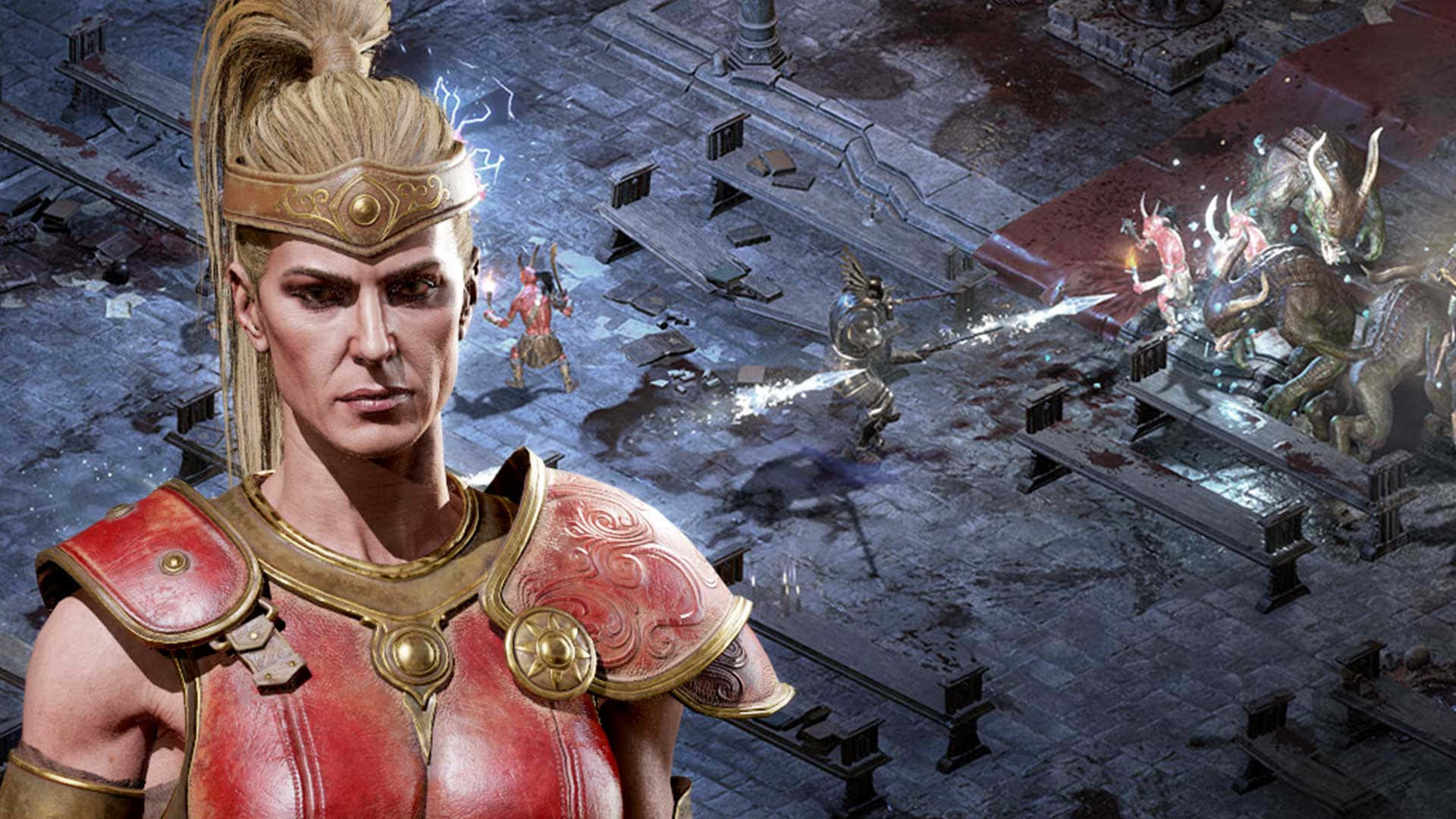Diablo 2 Resurrected, red and gold armor, lightning, Full HD Desktop Wallpaper