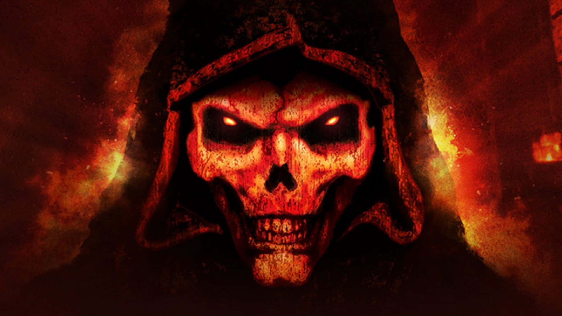 Diablo 2 Resurrected, hooded skull, glowing red eyes, Full HD Desktop Wallpaper