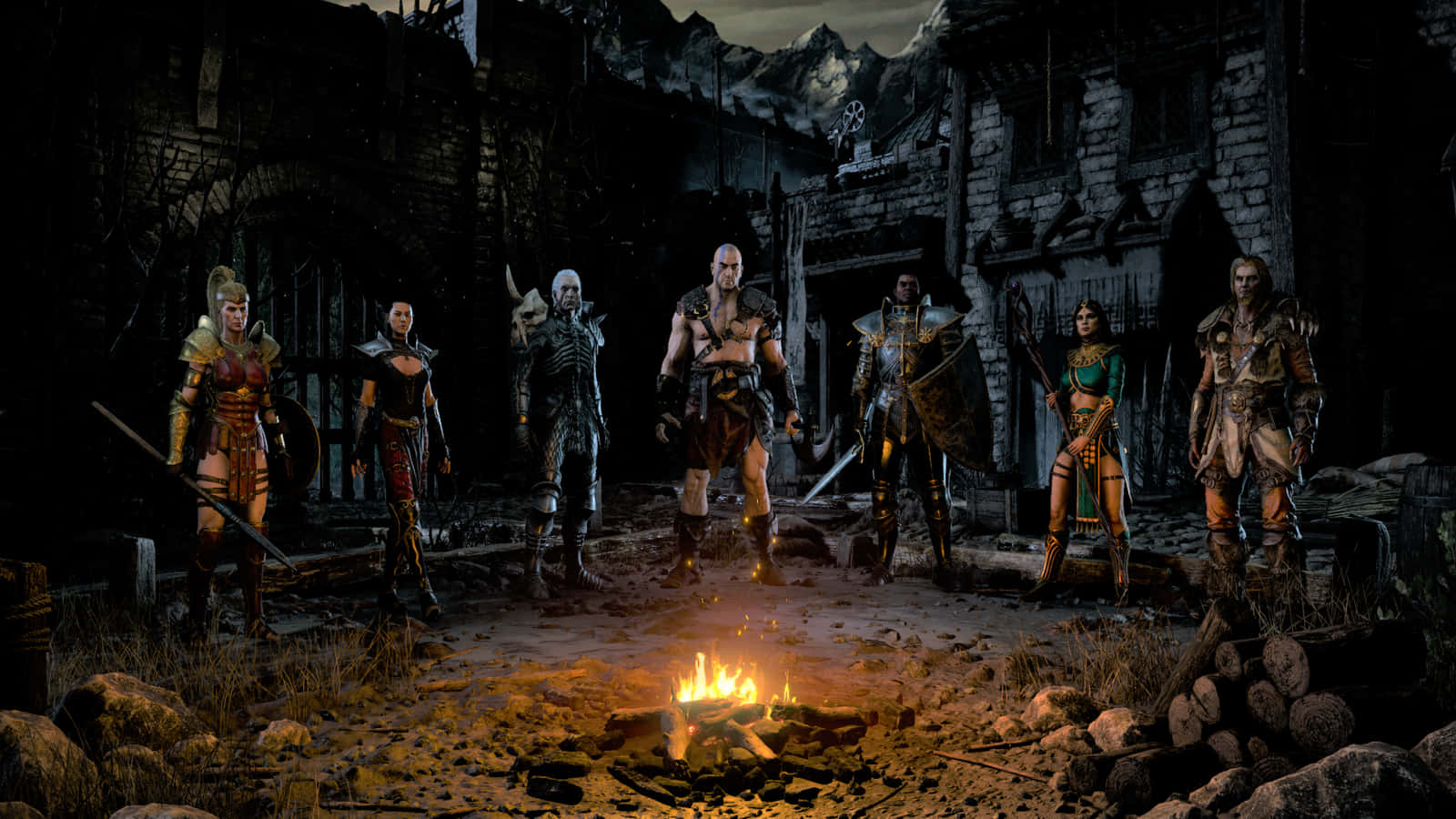Diablo 2, campfire, ruined stone village, HD Desktop Wallpaper