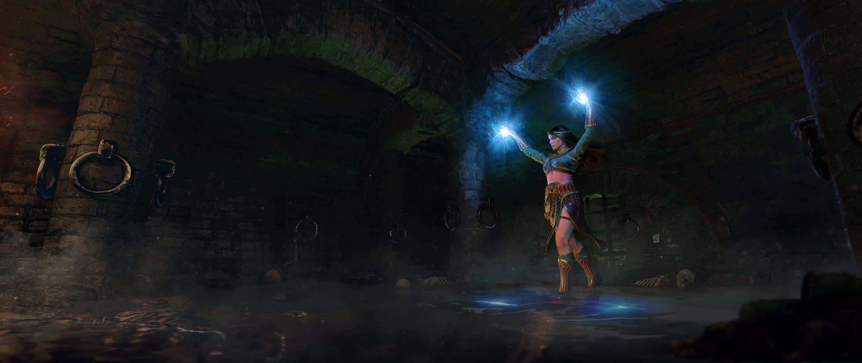 Diablo 2 Resurrected, glowing blue orbs, dim dungeon, 2K Desktop Wallpaper