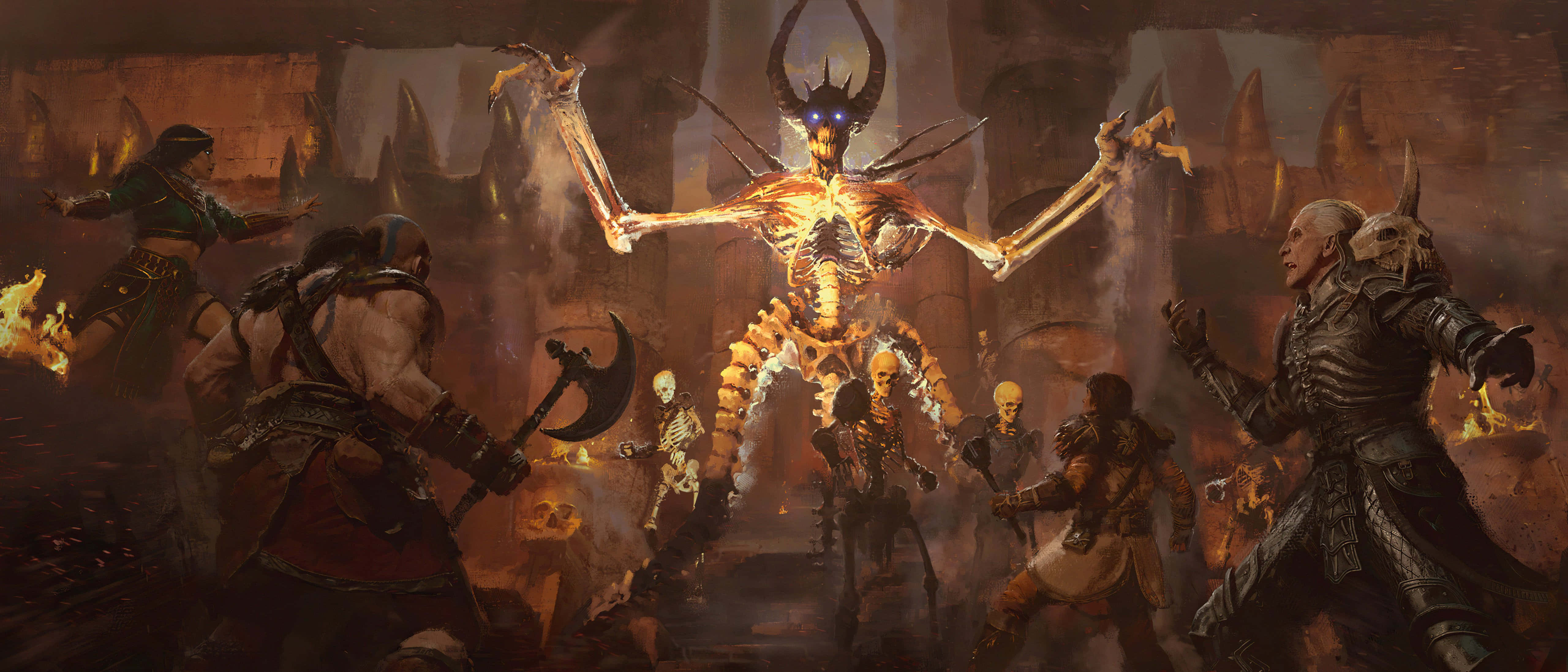 Diablo 2, fiery skeletal demon, glowing eyes, 5K Desktop Wallpaper