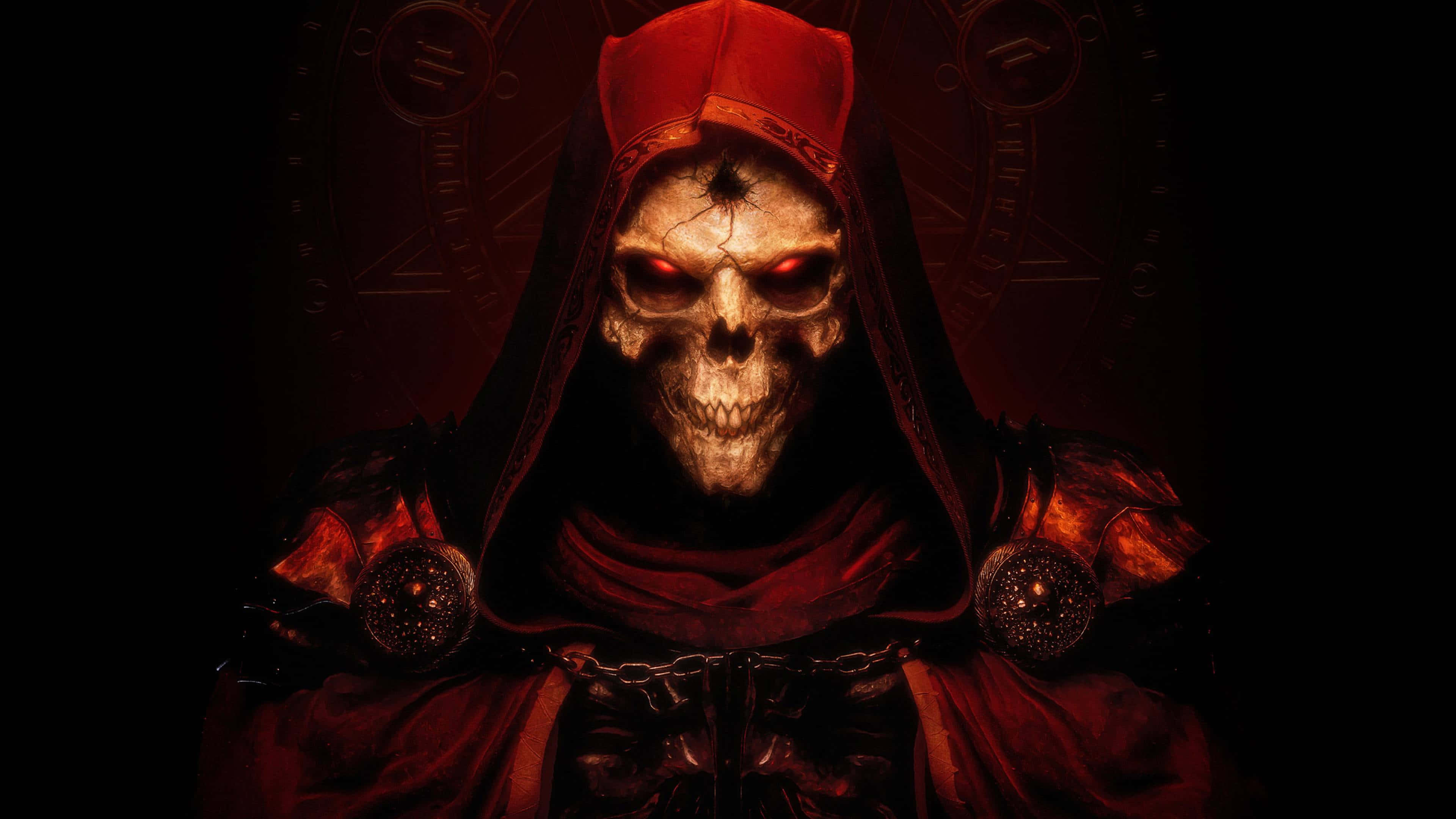 Diablo 2, skull-faced figure, red hooded cloak, 4K Desktop Wallpaper