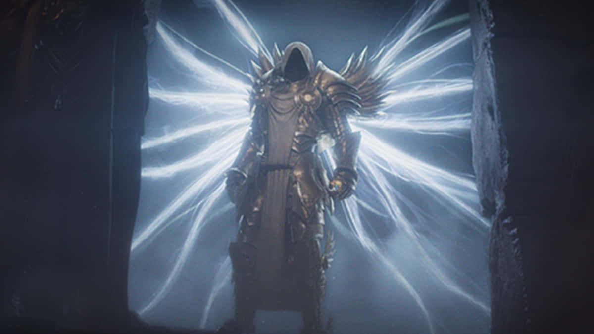 Diablo 2, hooded armored figure, glowing wings, SD Desktop Wallpaper