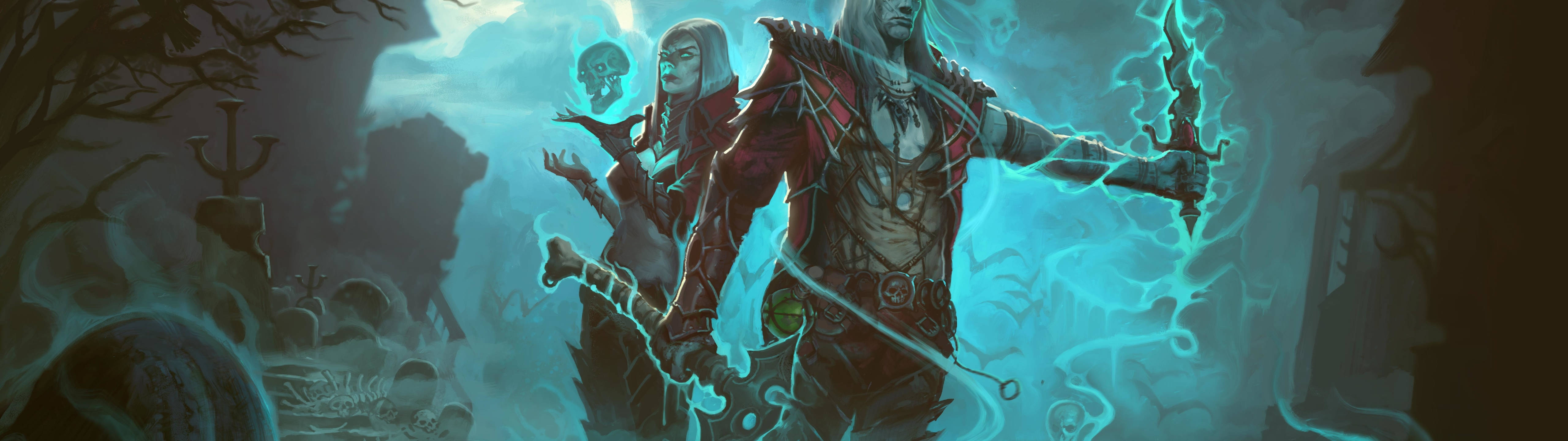 Diablo 3, glowing blue magic weapons, misty graveyard, 5K Desktop Wallpaper