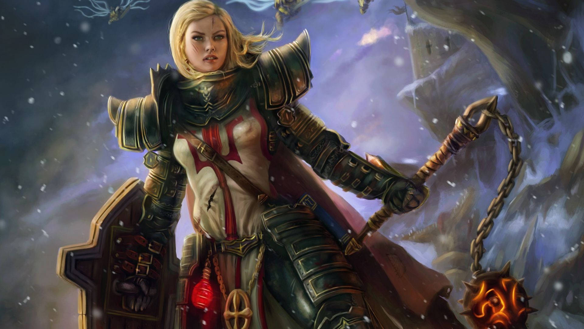 Diablo 3, female crusader, flaming mace, Full HD Desktop Wallpaper