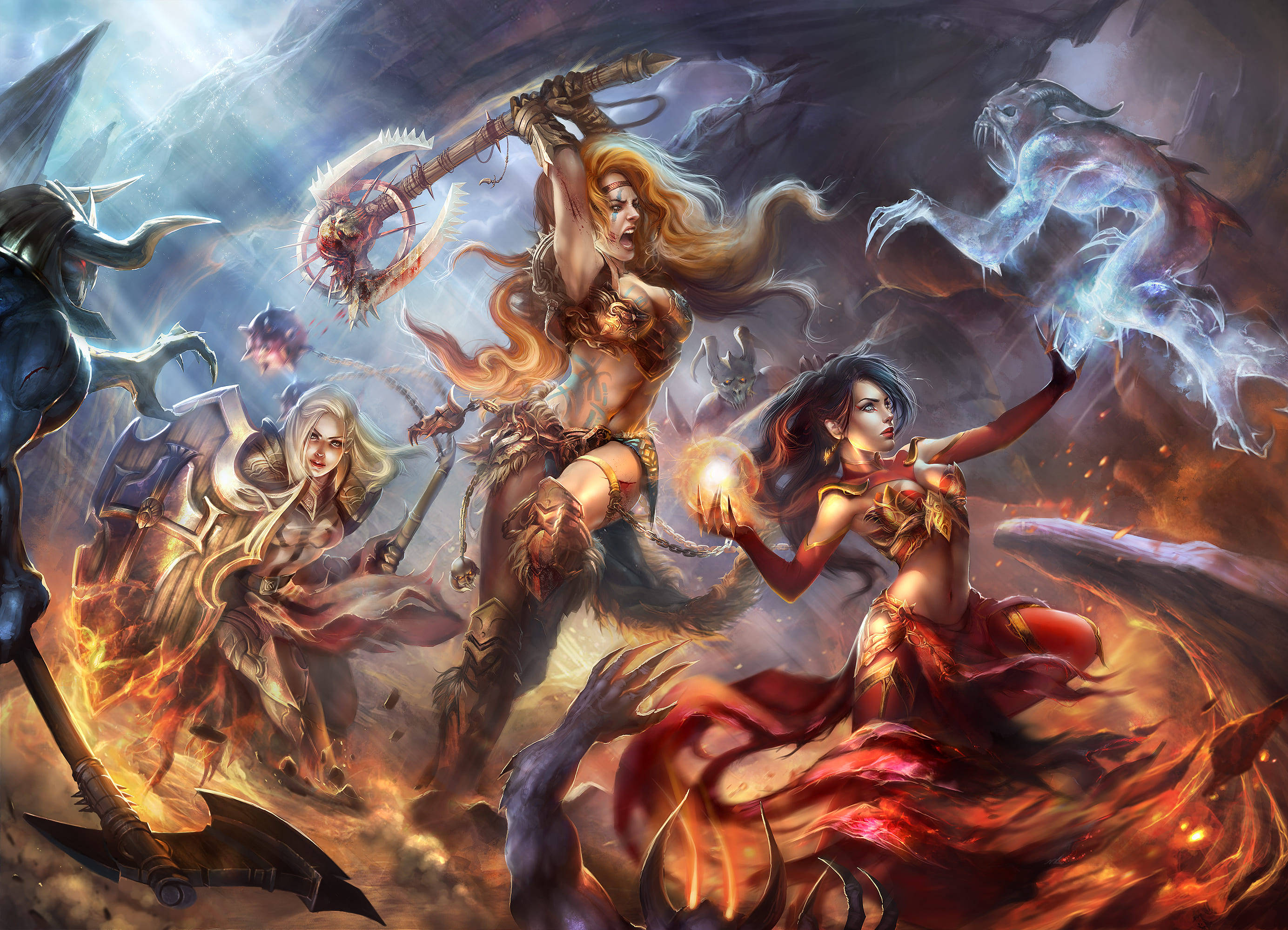 Diablo 3, fantasy warriors, spectral monsters, 2K Desktop Wallpaper