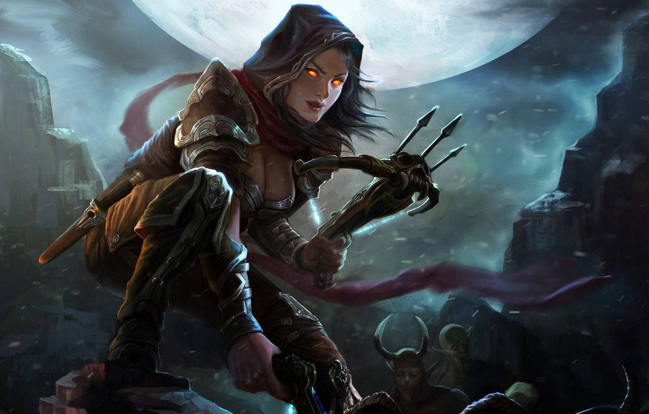 Diablo 3, female demon hunter, glowing orange eyes, HD Desktop Wallpaper