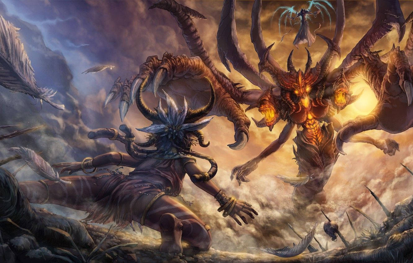 Diablo 3, boss battle, warrior with feathered headdress, HD Desktop Wallpaper