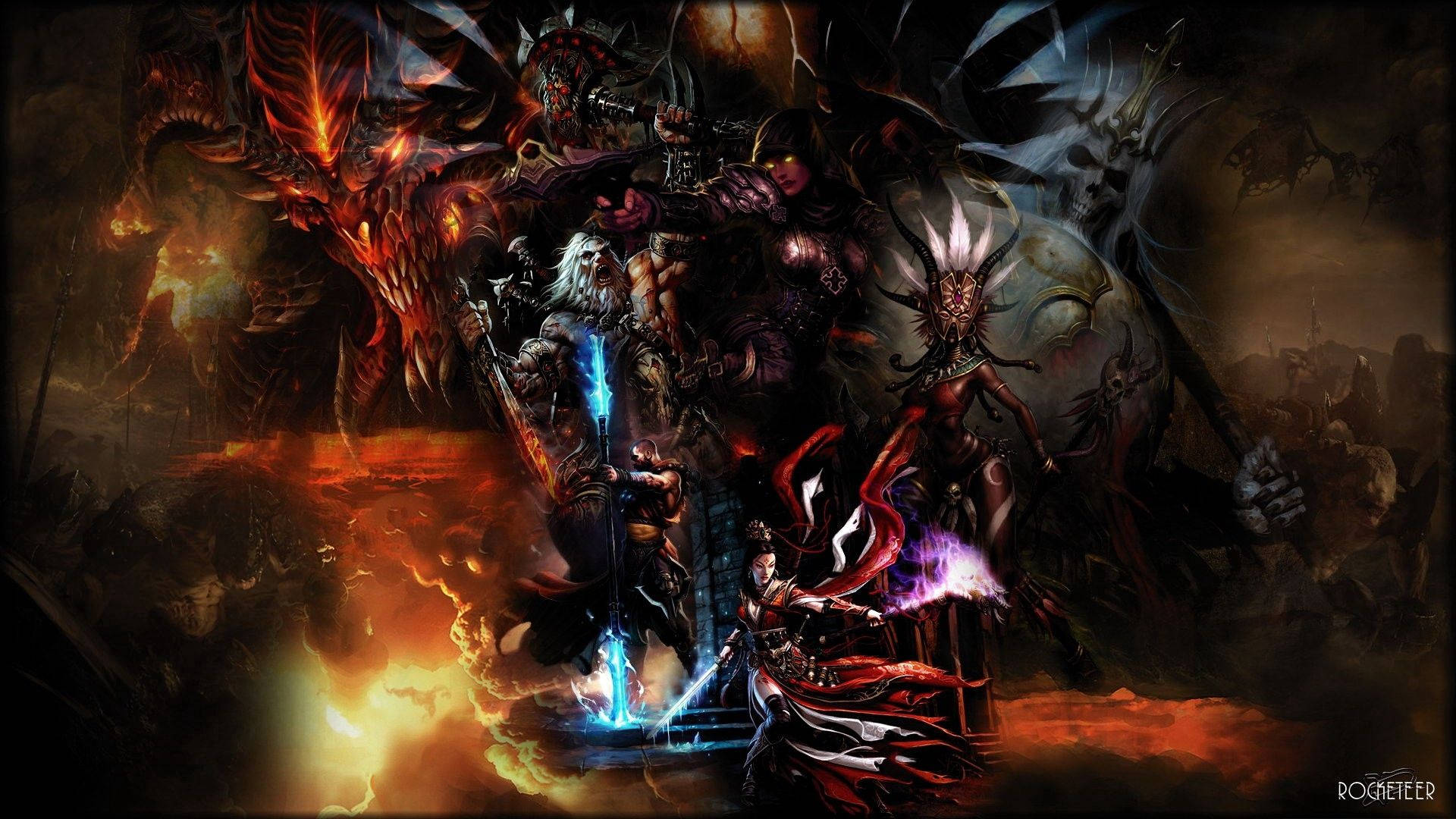 Diablo 3, armored warriors, monstrous creatures, Full HD Desktop Wallpaper