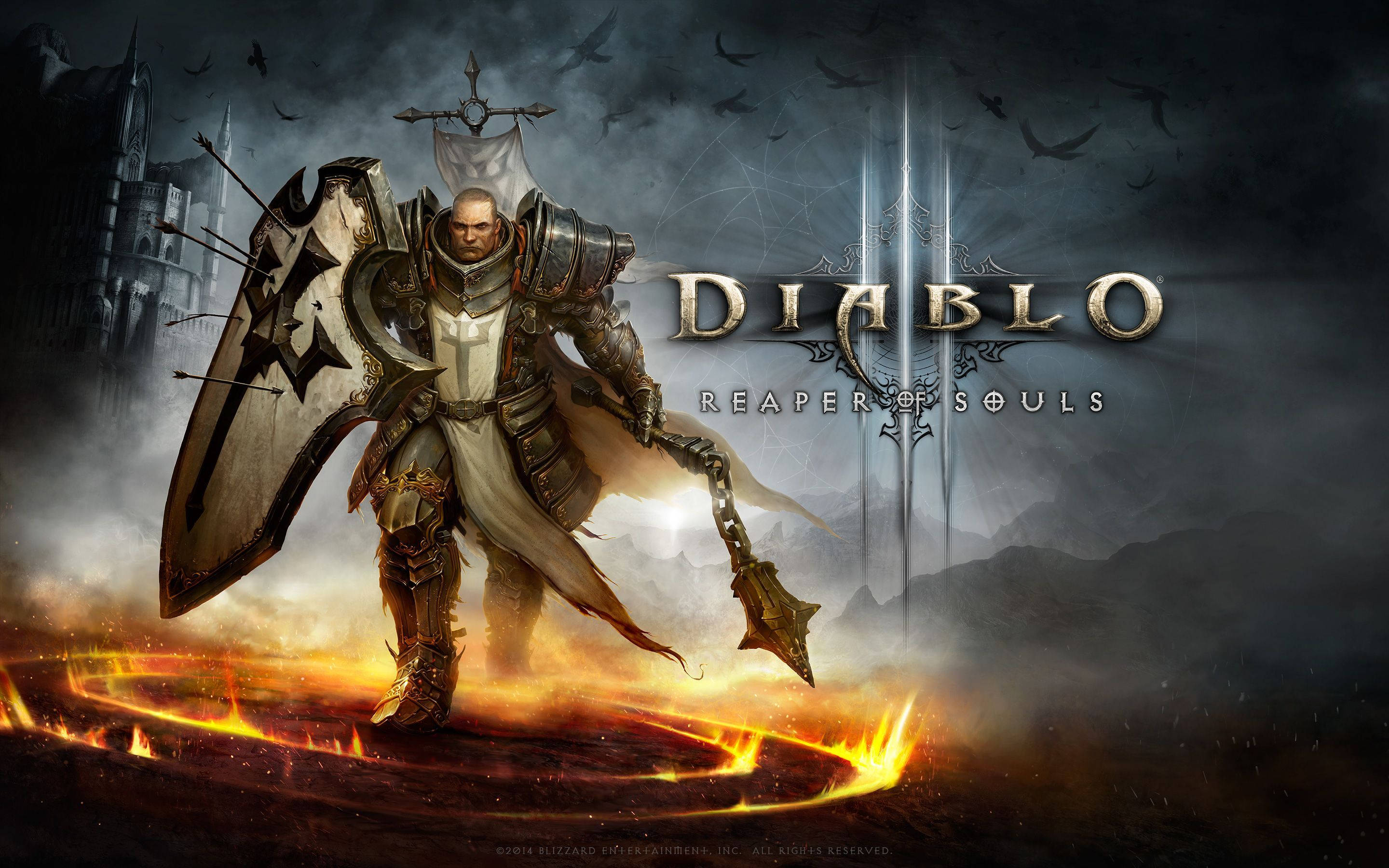 Diablo 3, flaming sword, shield, 2K Desktop Wallpaper