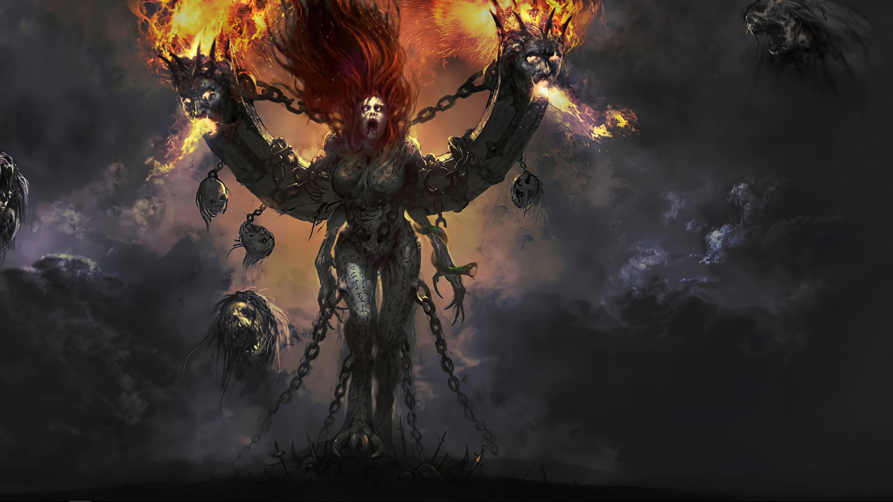 Diablo 4, demonic figure, flaming hair, 2K Desktop Wallpaper