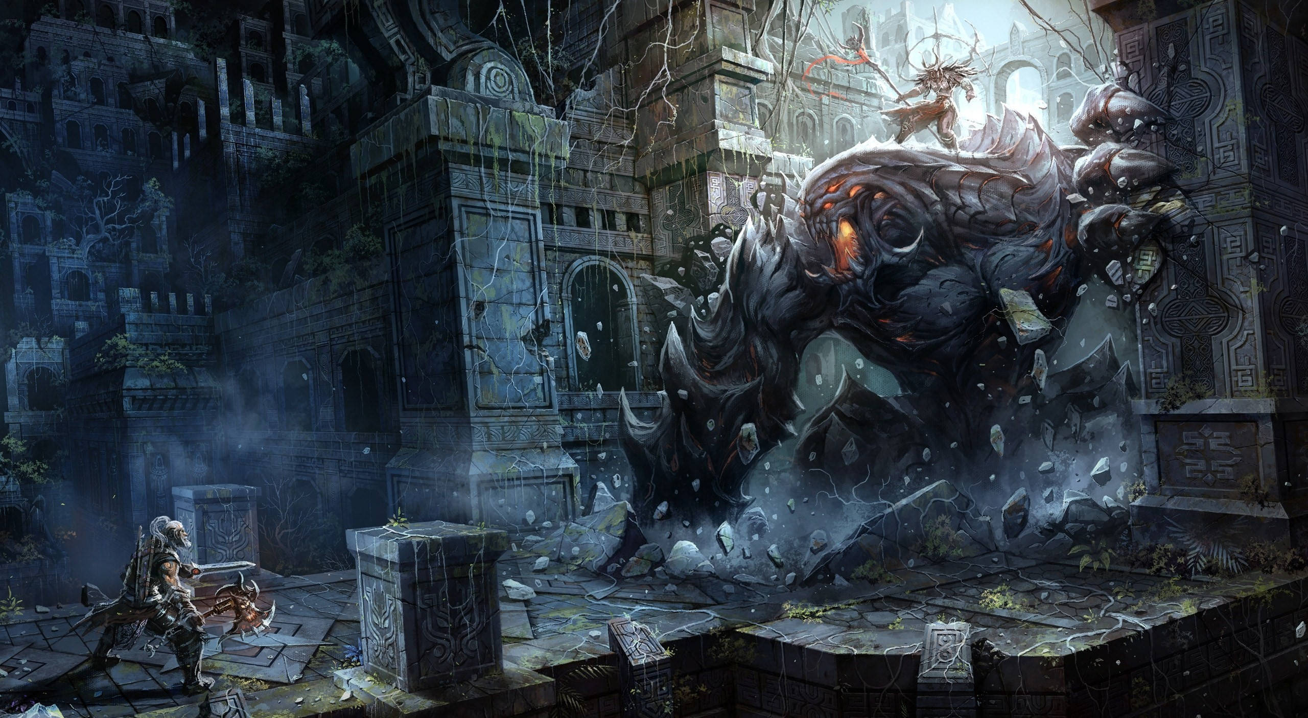 Diablo 4, boss battle, colossal glowing-eyed monster, 2K Desktop Wallpaper