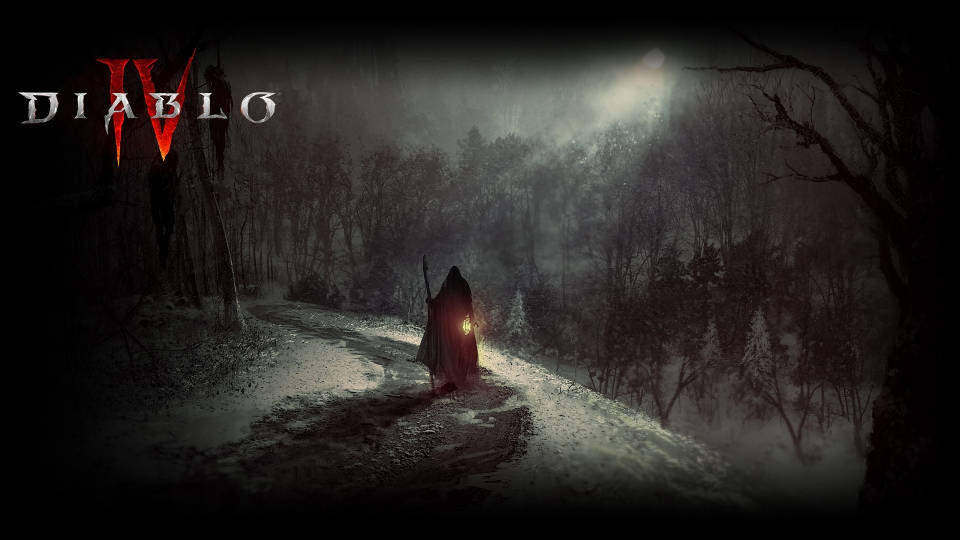 Diablo 4, misty forest, cloaked figure, SD Desktop Wallpaper